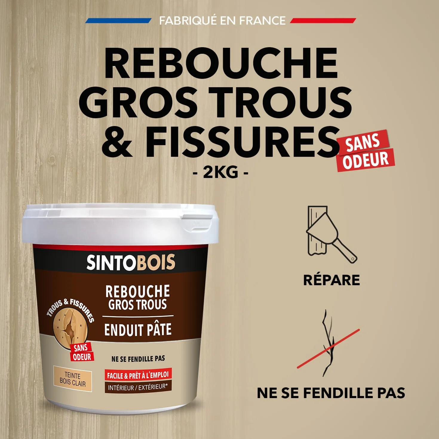 SINTO - Reboucher les gros trous - Mastic - Prêt à l'emploi - Poncer et peindre - Intérieur et extérieur - S'utilise comme un mastic - Ne se fissure pas - Technique professionnelle - 2 Kg