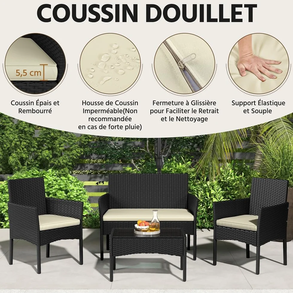 Yaheetech Salon de Jardin 4 Personnes Polyrotin Métal Mobilier d'extérieur 4 Pièces avec Coussin Canapé 2 Places 2 Fauteuils 1 Table Basse Noir/Beige