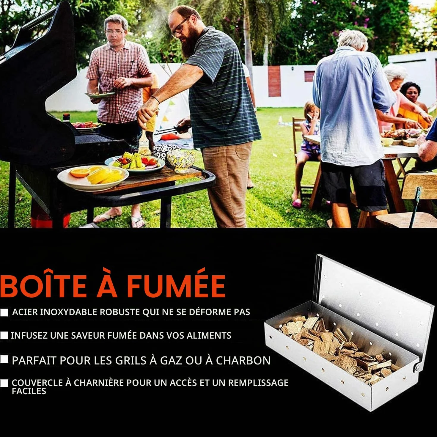 Boîte de fumage en acier inoxydable pour barbecue à gaz et charbon de bois