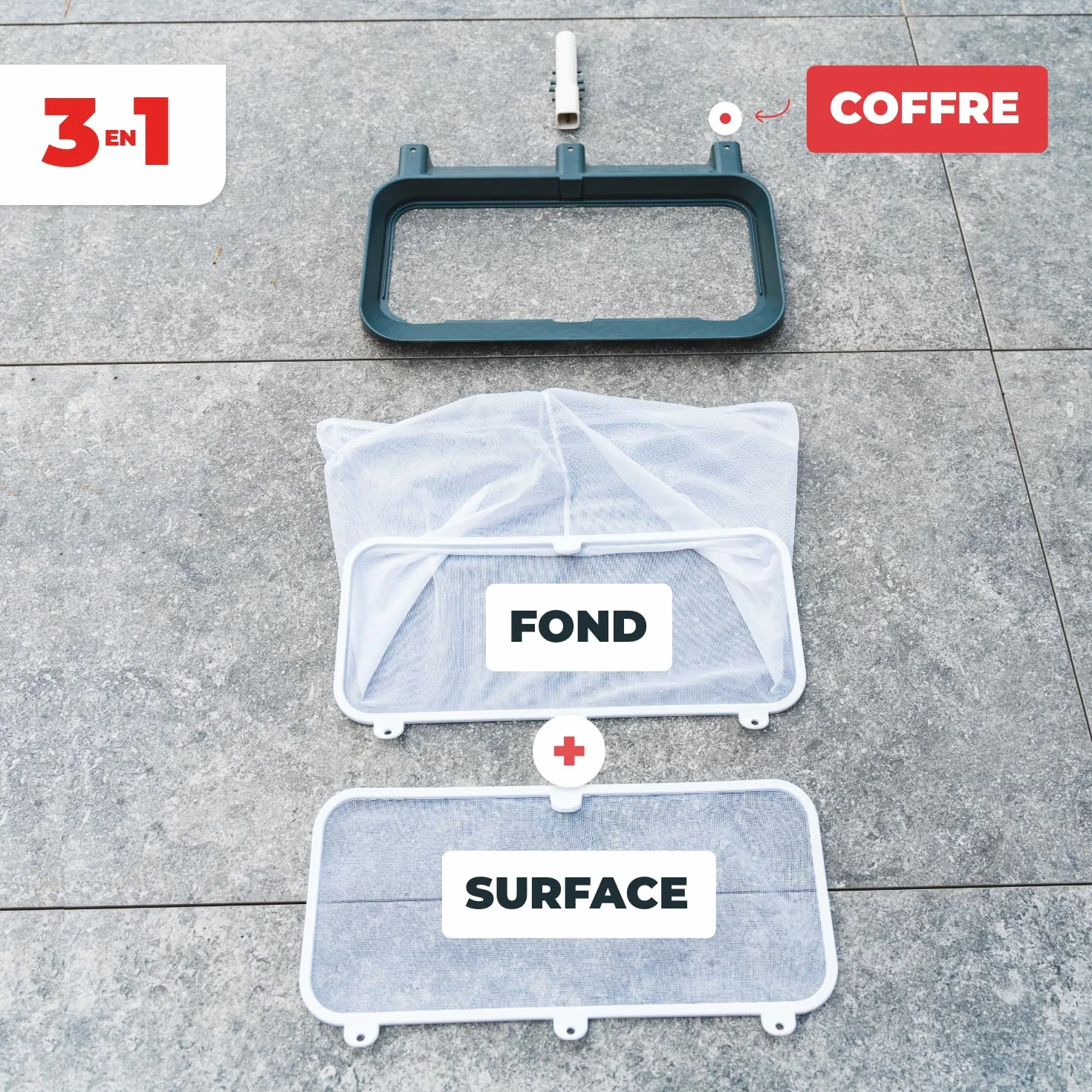 Épuisette Piscine Professionnelle 3-en-1 NODI Net+ Fond Surface Coffre Volet Immergé Résistance 32 kg Filet Remplaçable