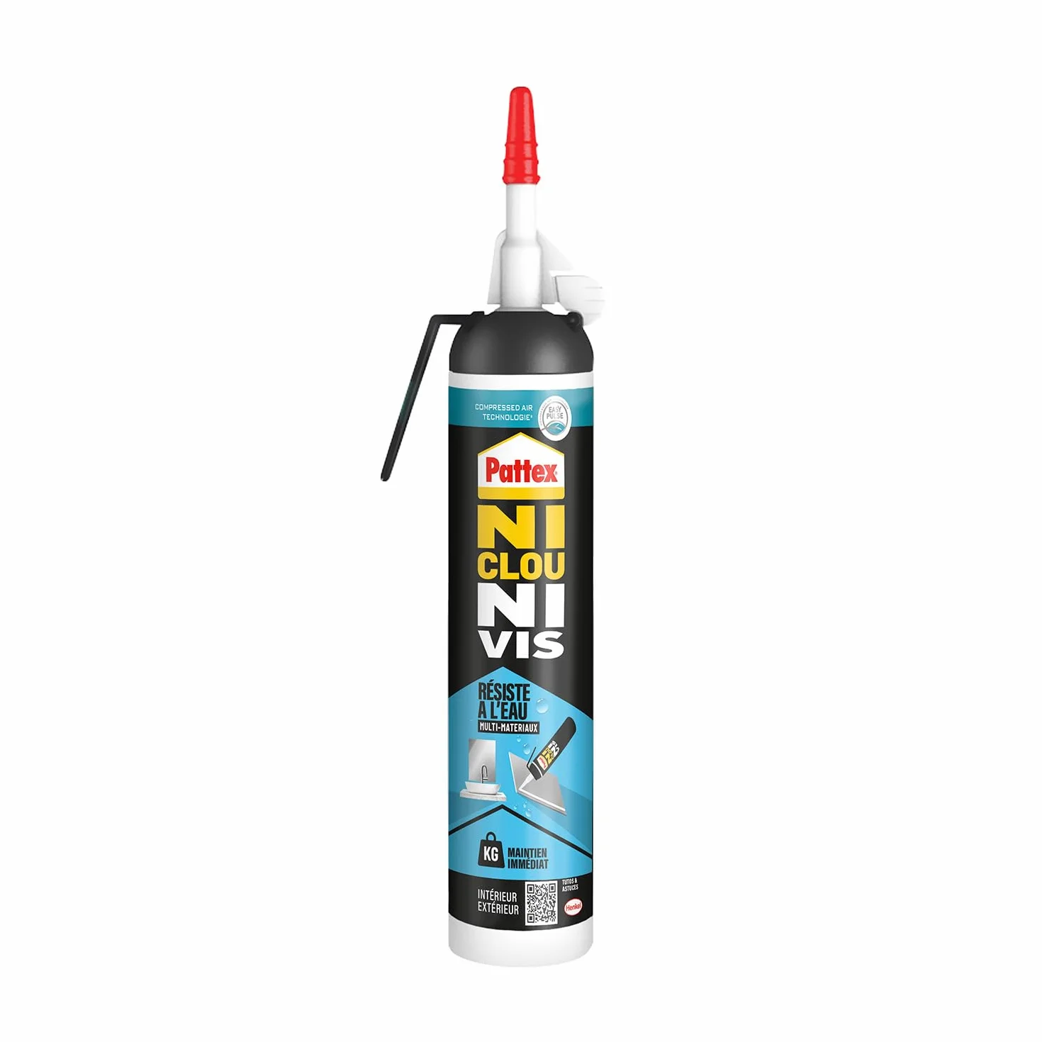 Pattex – Colle Ni Clou Ni Vis Résiste à l'Eau (MSP de 326 g) – Colle de fixation à maintien immédiat pour intérieur & extérieur – Mastic blanc résistant à l’eau, flexible et repositionnable