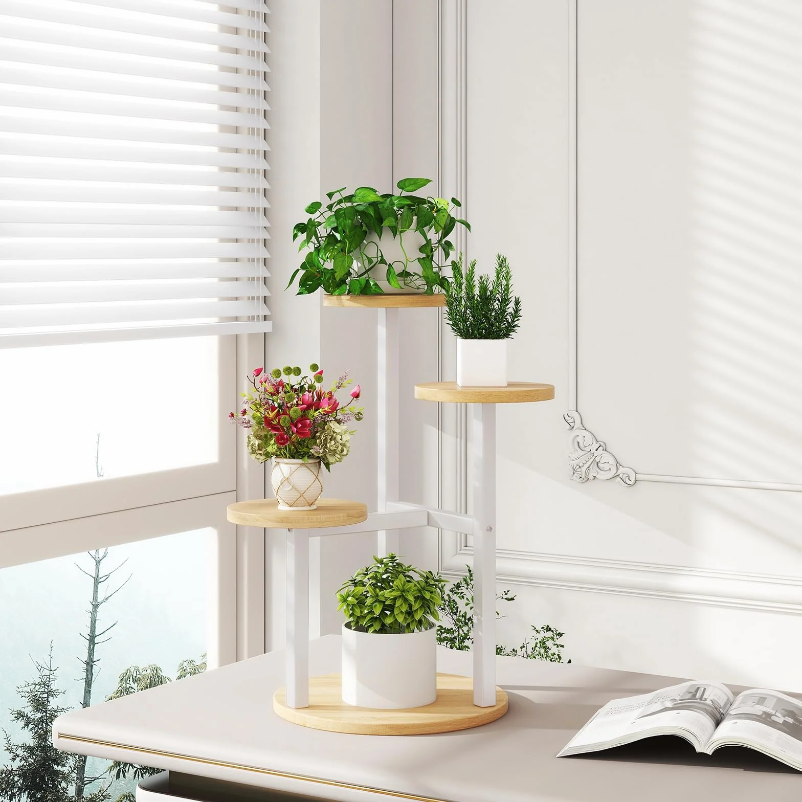 IBUYKE Support de Plante en Métal Bois 4 Niveaux 52.5cm Étagère d'Angle Blanc