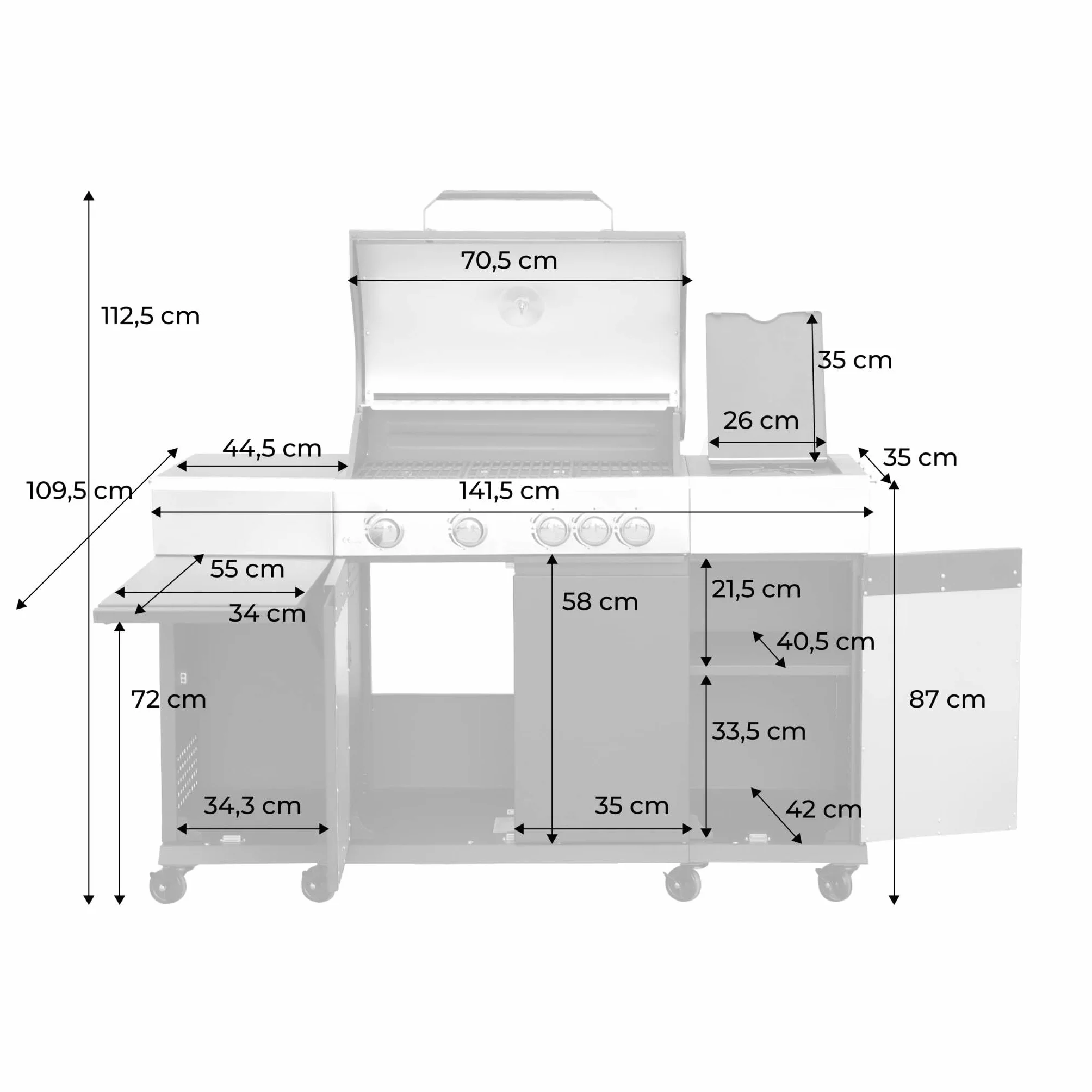 Sweeek Barbecue gaz 4 brûleurs + 1 feu latéral MAXIM noir acier L 145.5 x P 61.5 x H 143.5cm