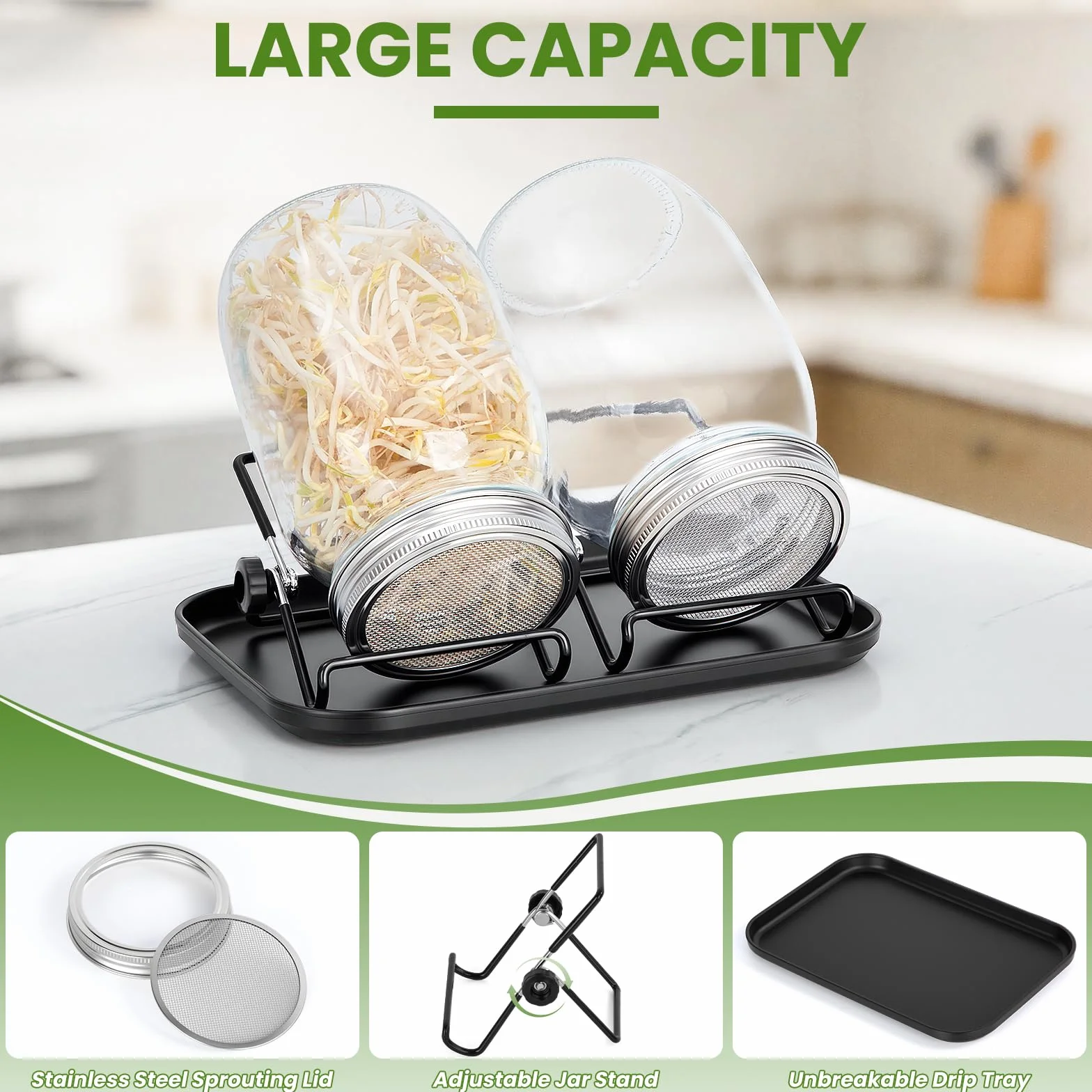 Germoir pour Graines à Germer en Verre 2x1000ml Bocal de Germination avec Couvercle en Acier Inoxydable