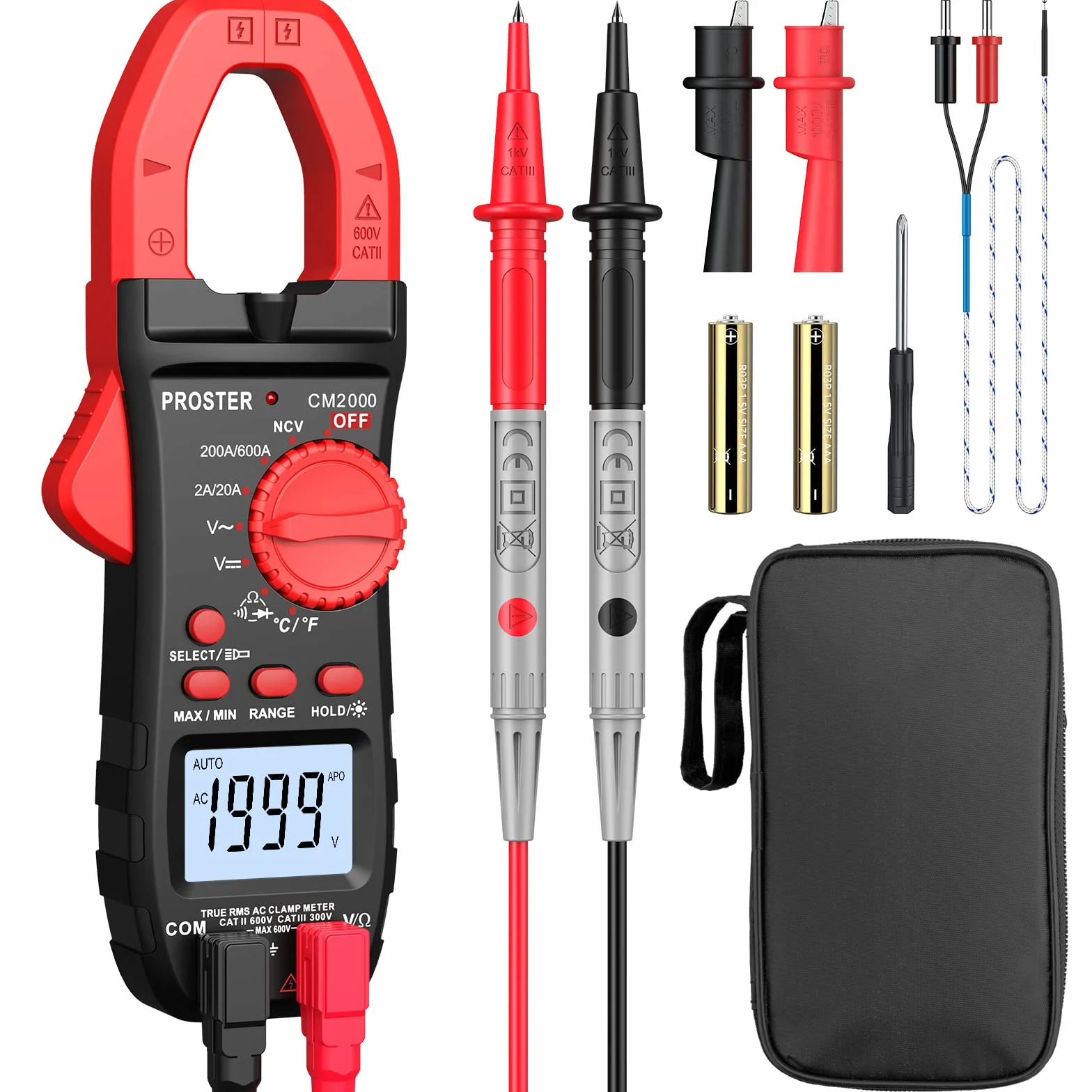 Proster 600A Pince Ampèremétrique Numérique NCV, 2000count Multimetre Professionnel TRMS Pince Multimètre Courant AC Tension AC/DC NCV Continuité Résistance Température Diode Hz