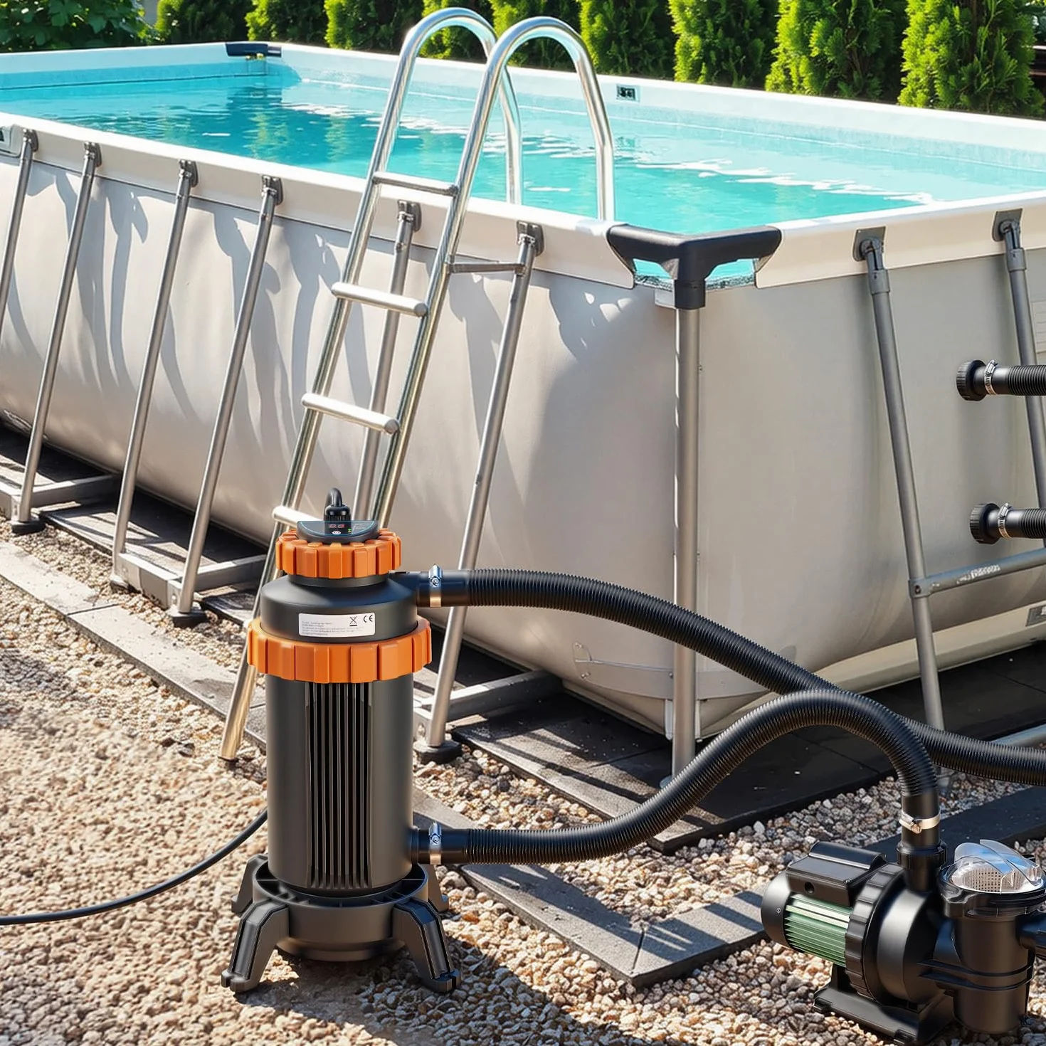 Chauffage électrique de piscine 3 kW, 17x42 cm, raccord 32-38 mm, protection fuites, 45 °C