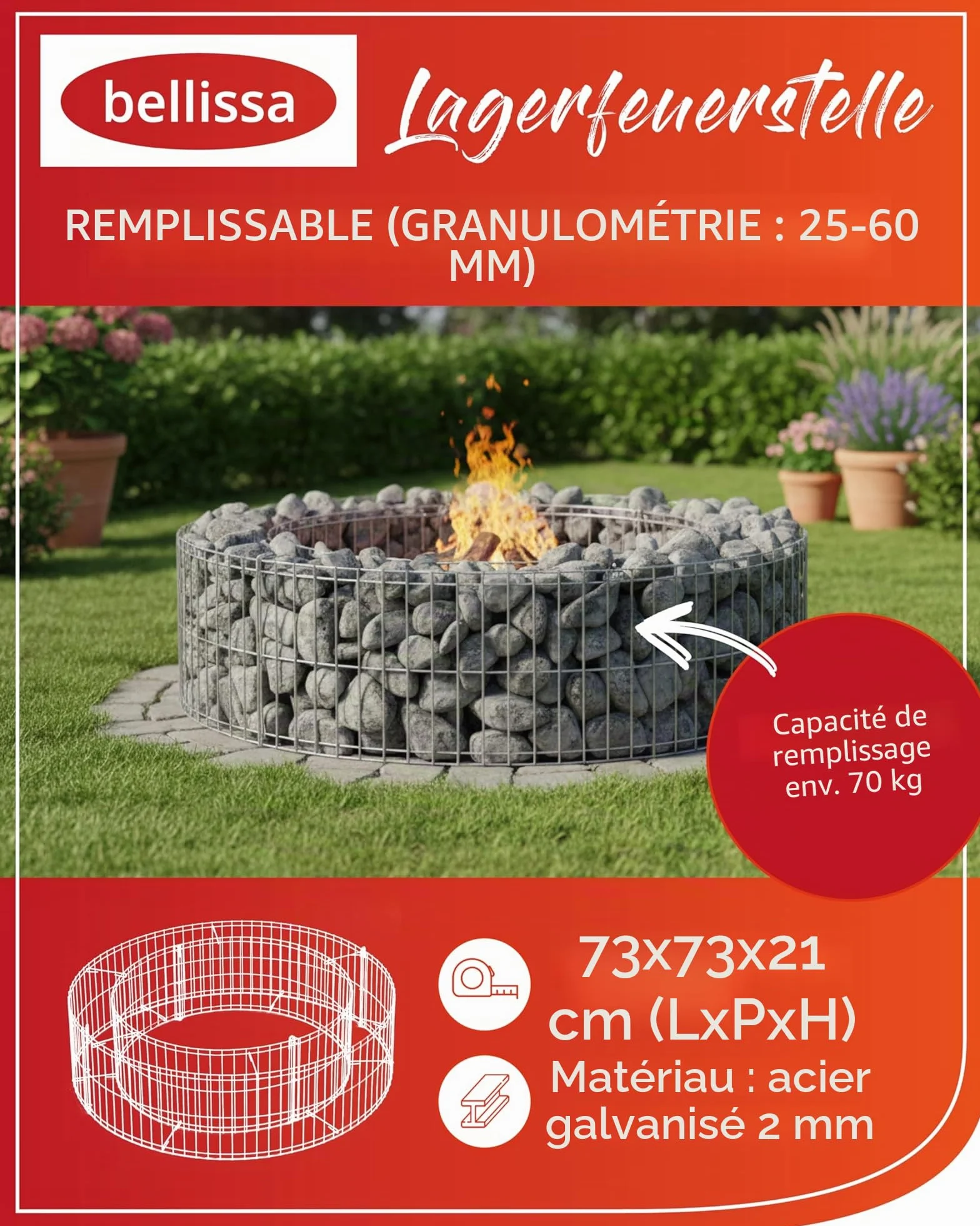 Bellissa Foyer en Gabion Emplacement pour Faire Un Feu Diamètre 73/51 cm Hauteur 21 cm