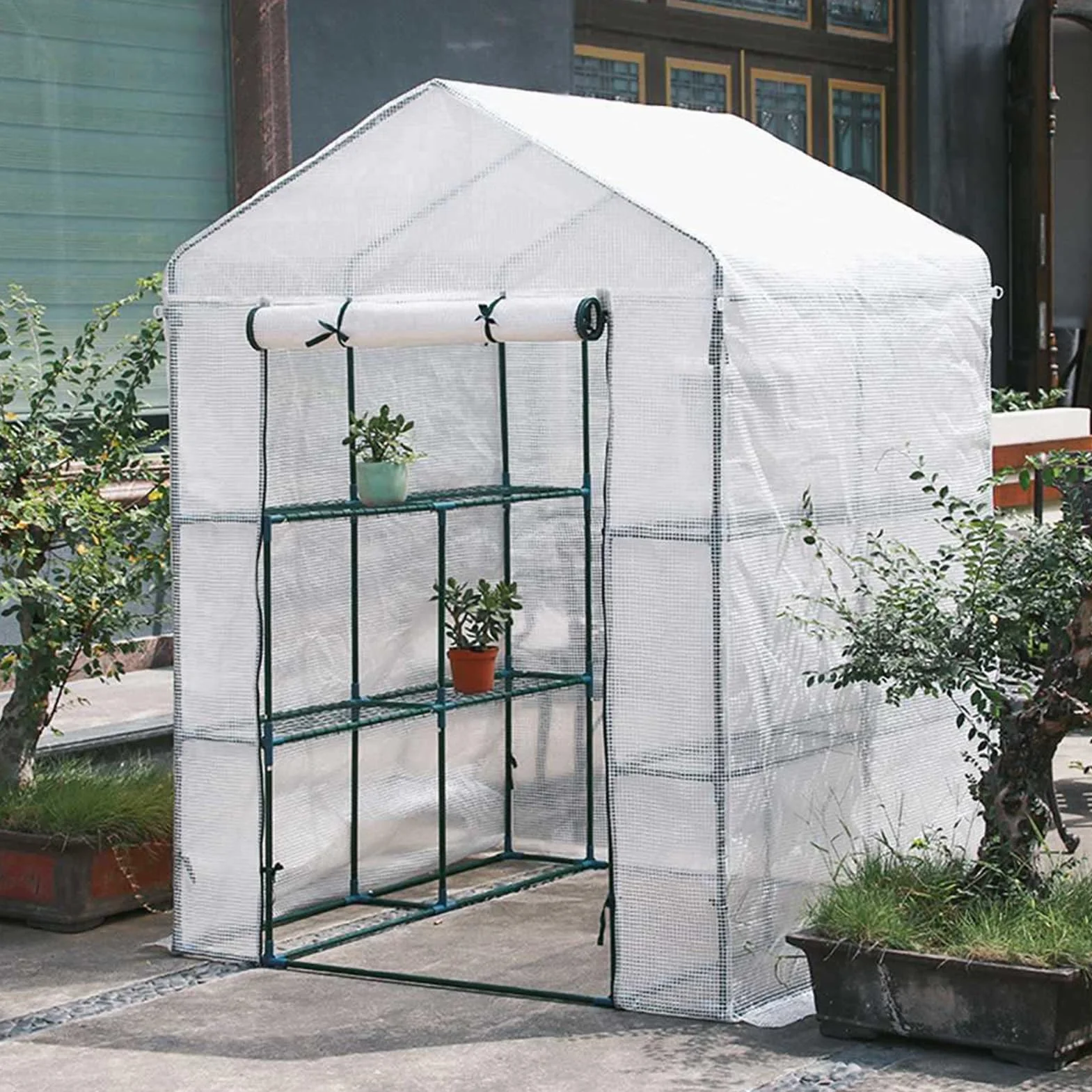 Bâche pour serre inodore 143x143x195cm PE imperméable avec porte Isolation thermique Vert Blanc
