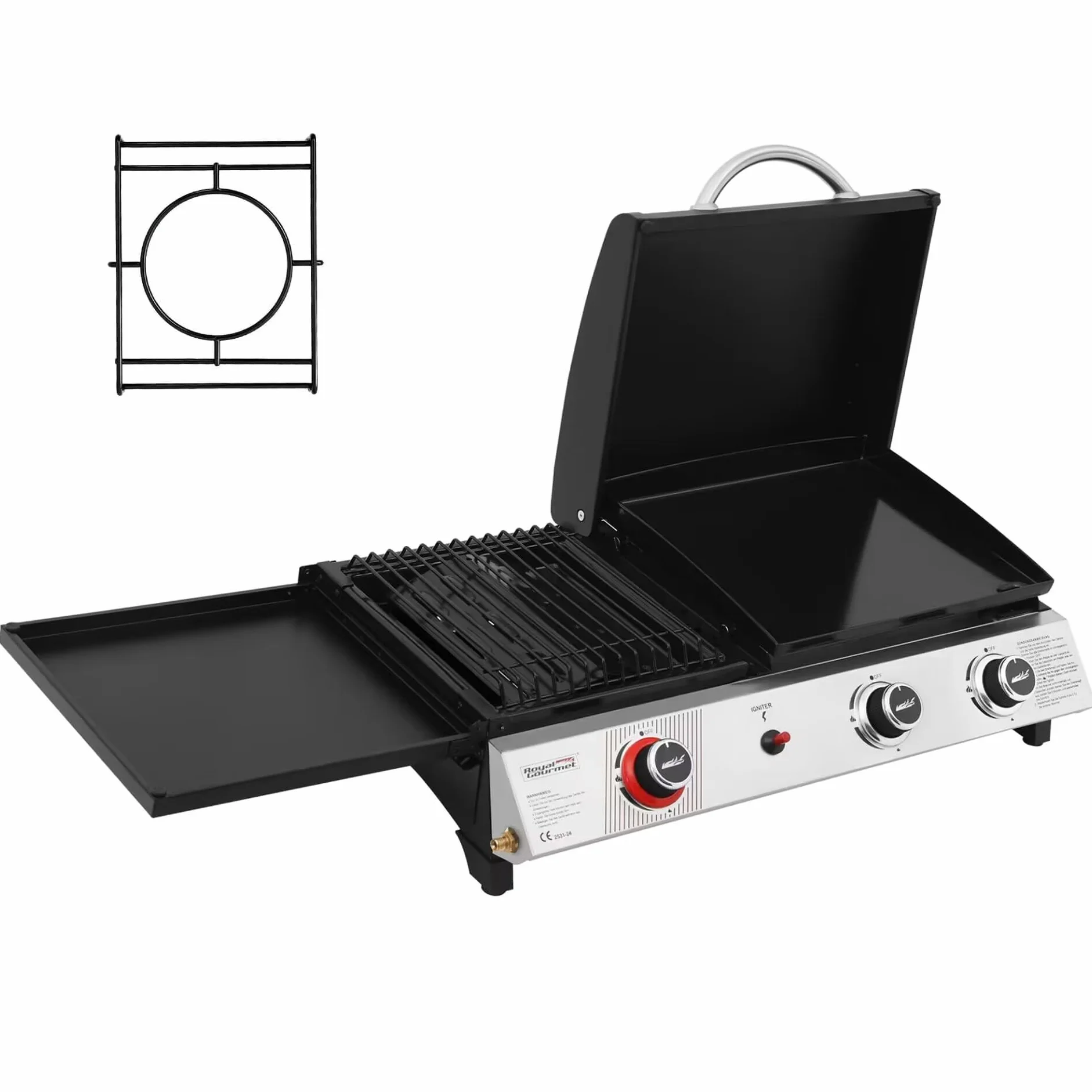 Royal Gourmet Barbecue Gaz Portable 3 Brûleurs 3 en 1 Plancha Grille 8.5kW Propane Noir