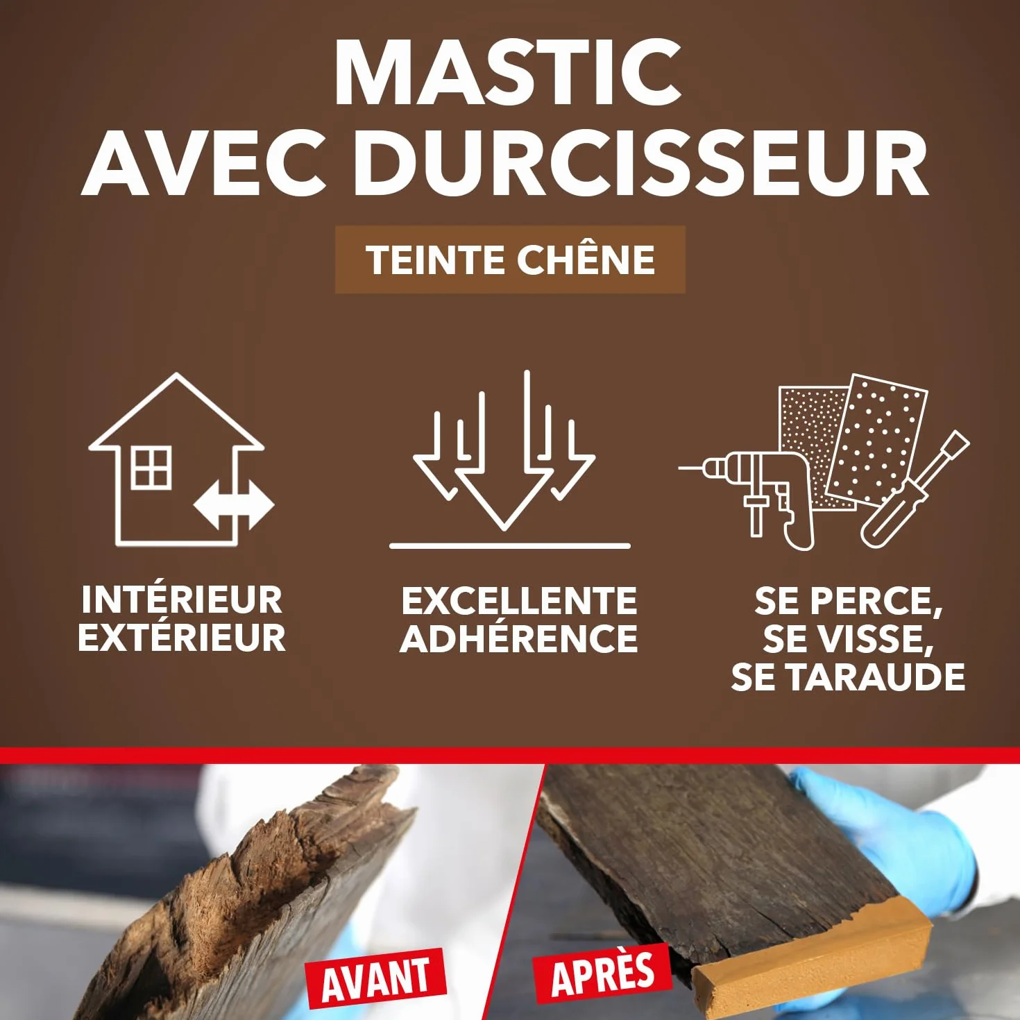 SINTO Mastic reconstitue angles et gros trous chêne 170ml, mastic bi-composant séchage en 20 min, parquets meubles menuiseries, bonne adhérence et résistance sur bois, intérieur et extérieur