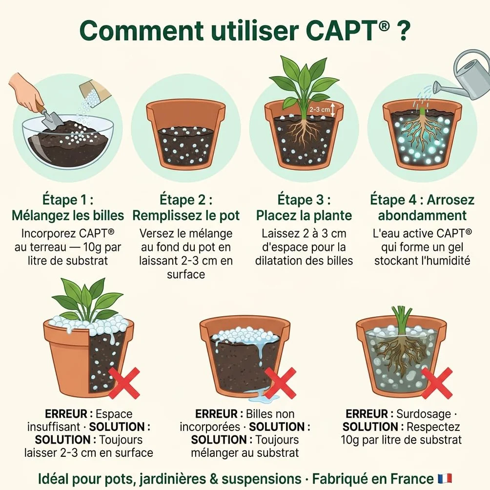 CAPT® Hydro-Rétenteur d'Eau pour Plantes - Billes Réserve d'Eau, Arrosage Automatique Vacances (400g) - Gel Rétention d'Eau, Fabrication Française Homologuée ANSES