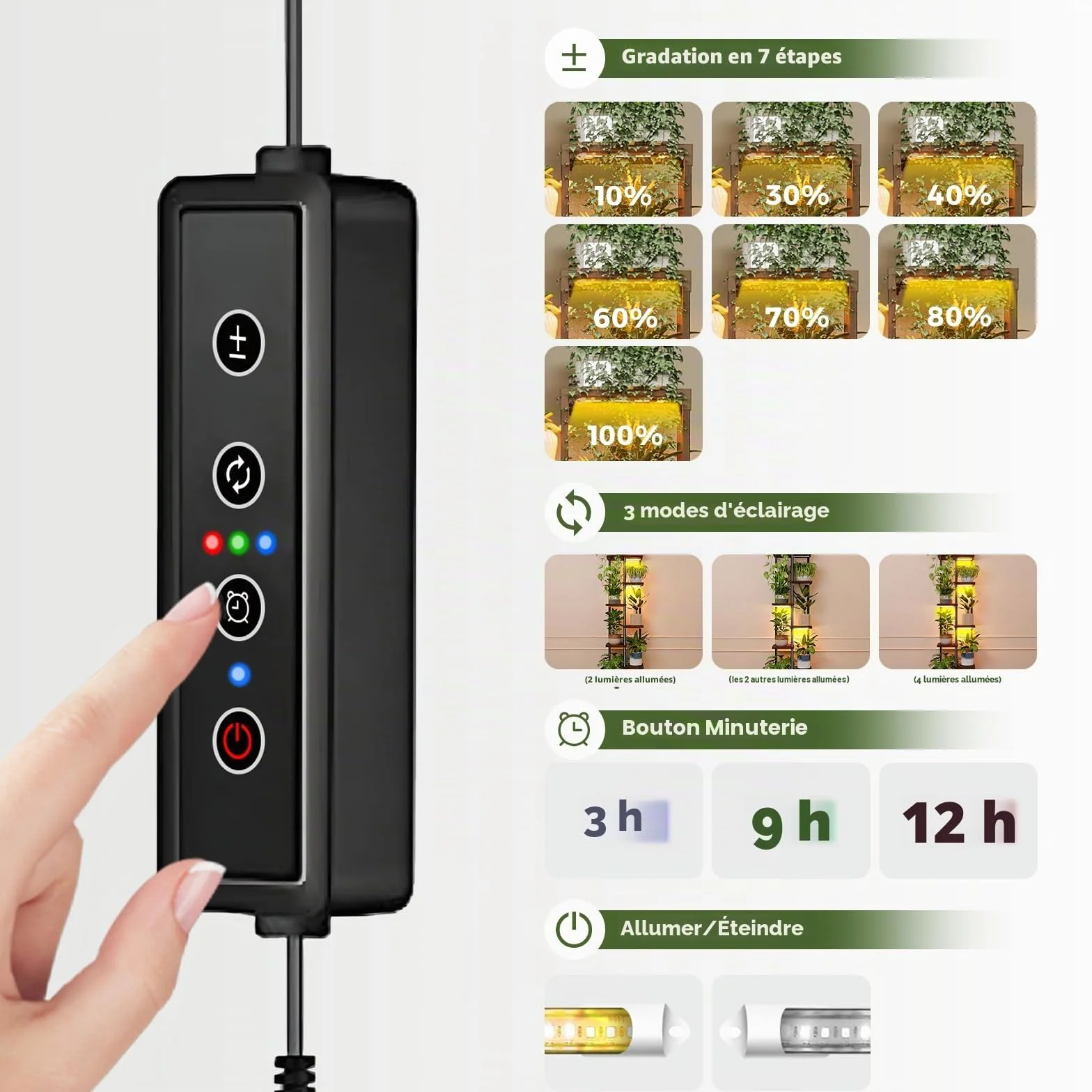 Bamworld Étagère Plante d'Angle 7 Niveaux Bois Métal avec Lampe, Support Plante Intérieur avec Éclairage