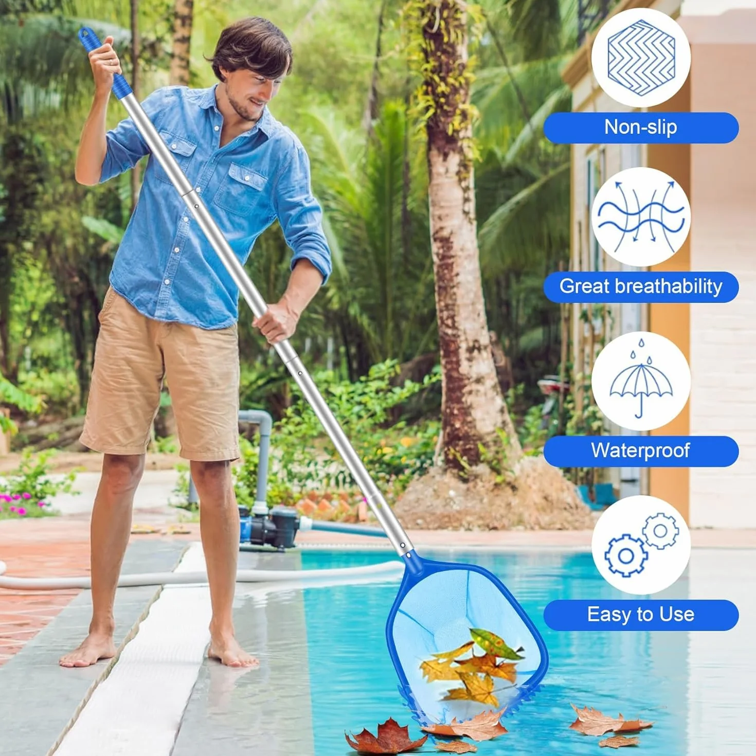 Épuisette de Piscine avec Perche Télescopique 98cm Aluminium, Kit Nettoyage Professionnel