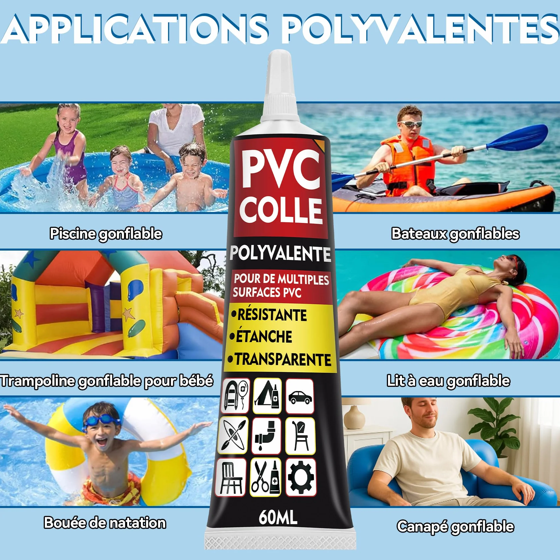 Kit Réparation Piscine Liner, Colle PVC Étanche pour Bouées Matelas Gonflables