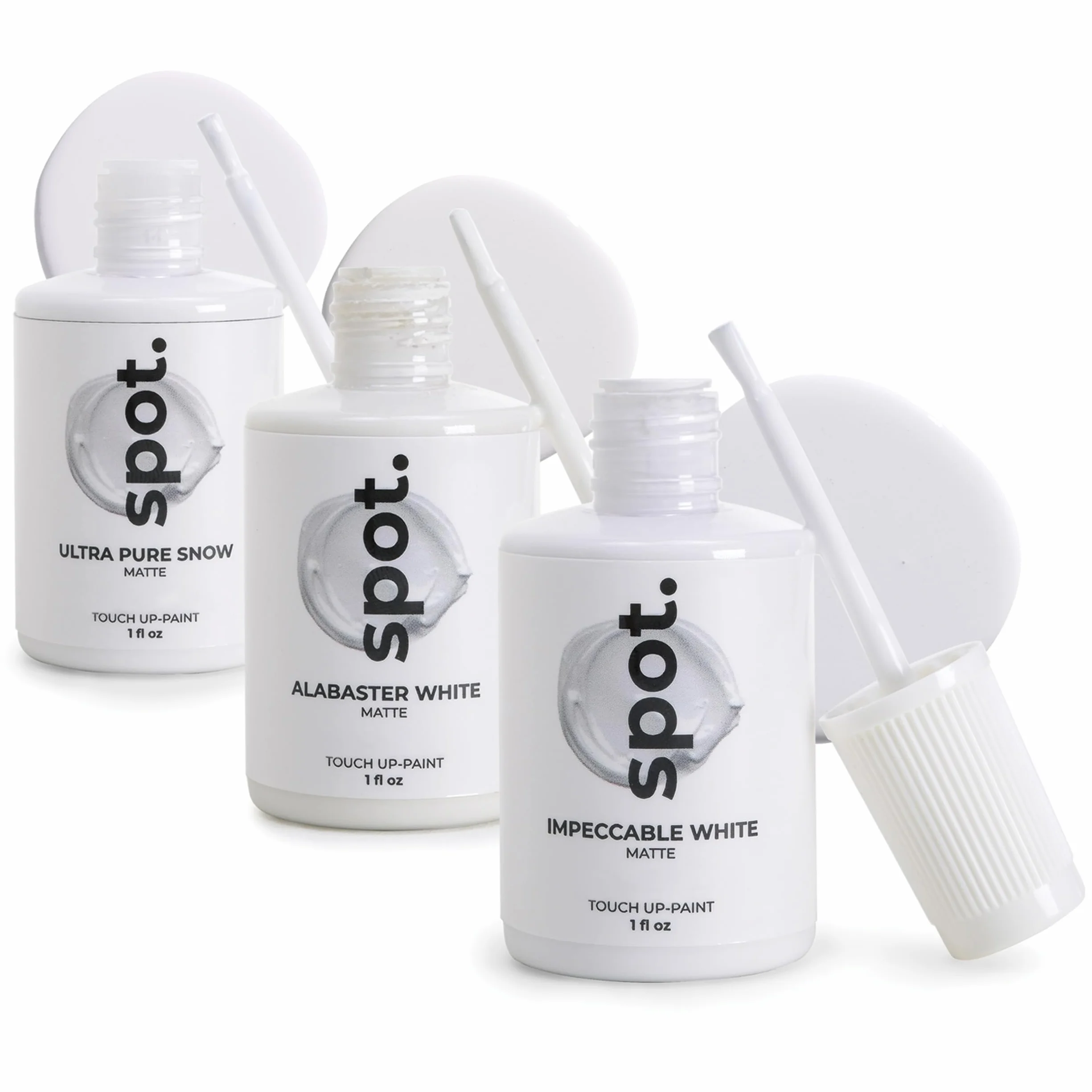 spot. Kit de retouche de peinture blanc Finition mate, auto-apprêtante, séchage rapide avec applicateur au pinceau pour armoires, murs, portes et meubles – Pack de 3 couleurs