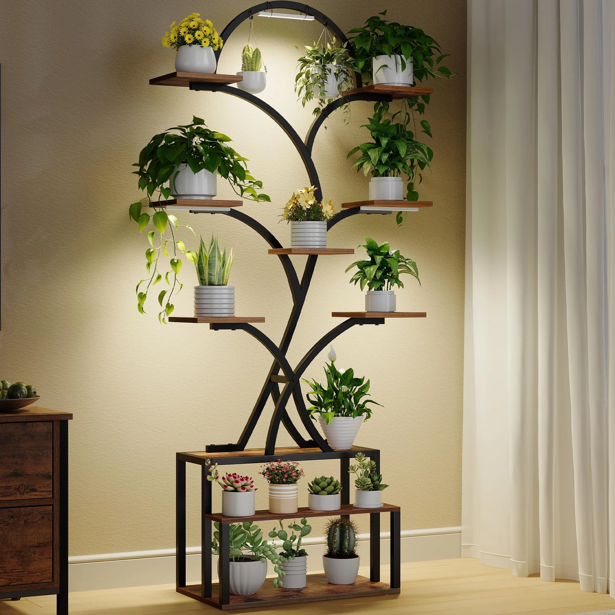 Étagère à Plantes avec Lampe LED 10 Niveaux Bois 168 cm Noir