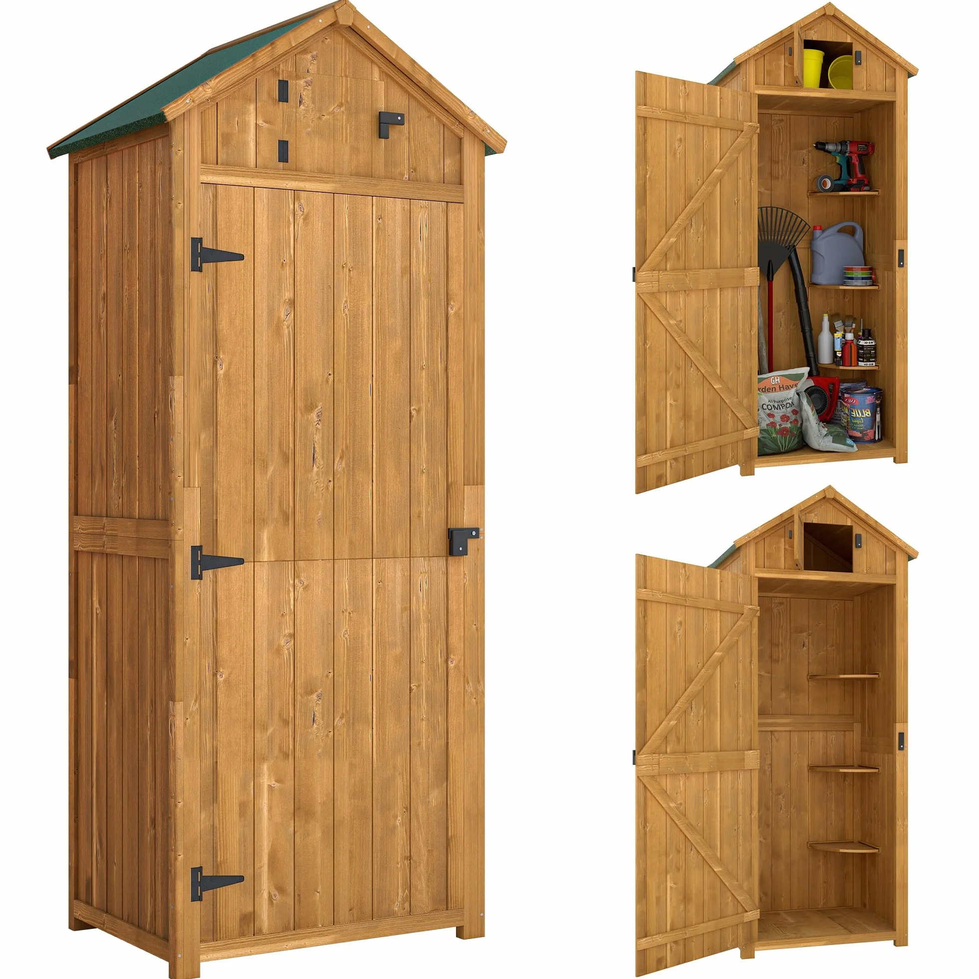 Outsunny Armoire de Jardin Bois 3 étagères 2 Portes 77x54x179 cm Jaune