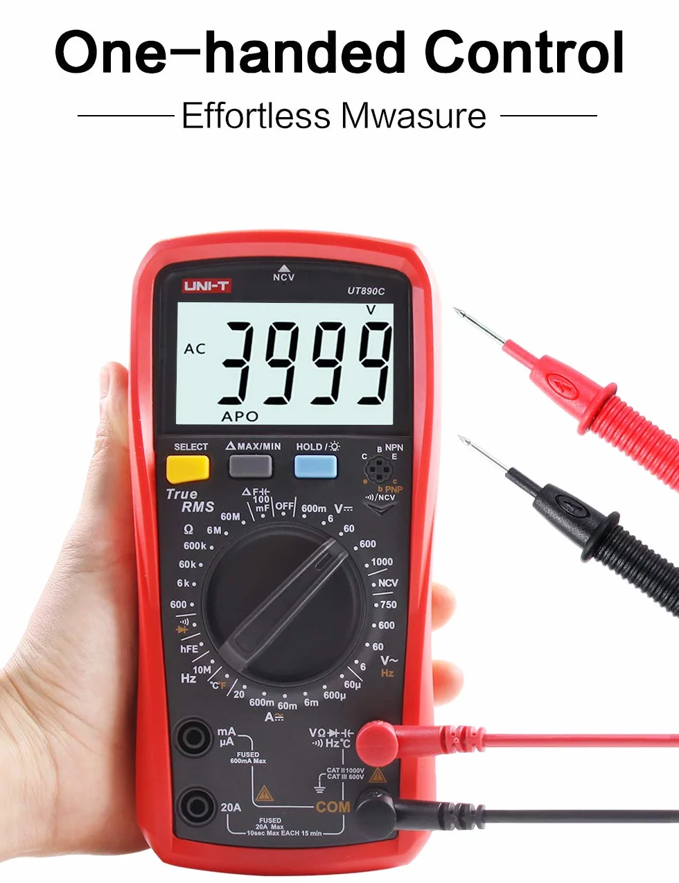 Multimètre, UT890C Multimètre Numérique True RMS 6000 Compte Ampèremètre Voltmètre Tension AC/DC Résistance Courant Capacité Fréquence Testeur mètre de température de Mesure avec Sonde LCD