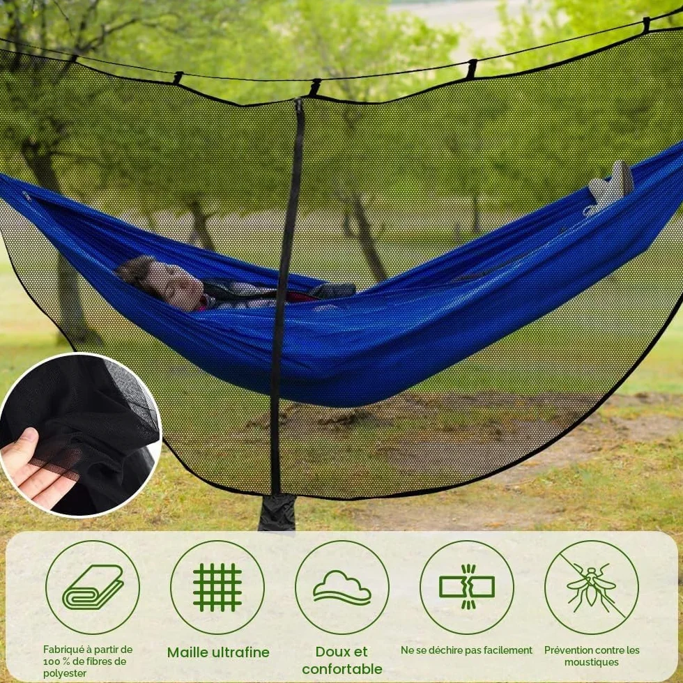 Hamac de Camping avec Moustiquaire Anti-Insecte 360° Double Face Fermeture éclair Noir