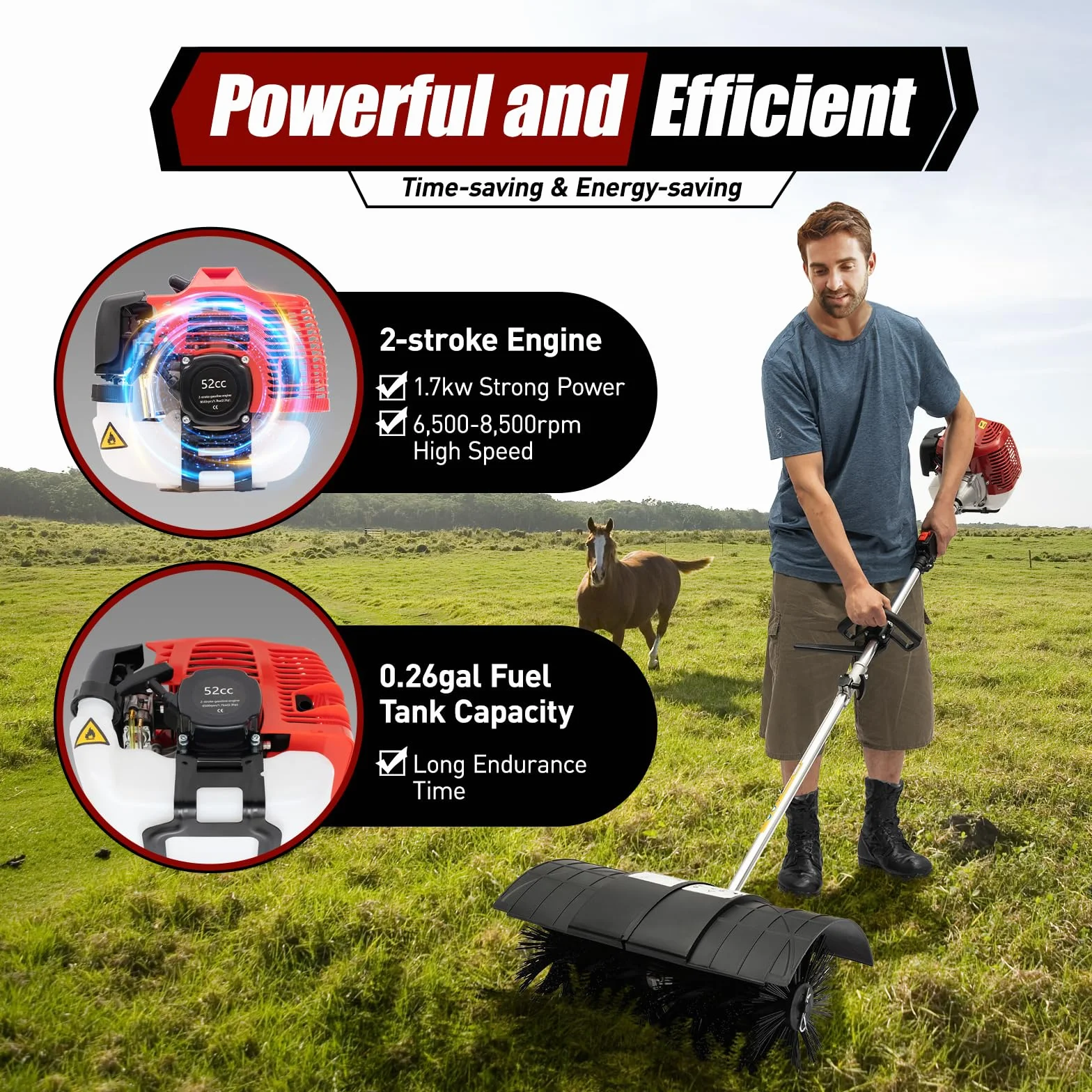 Balayeuse à essence 52 cc 2,3 HP 2 temps pour nettoyage pelouse feuilles gazon
