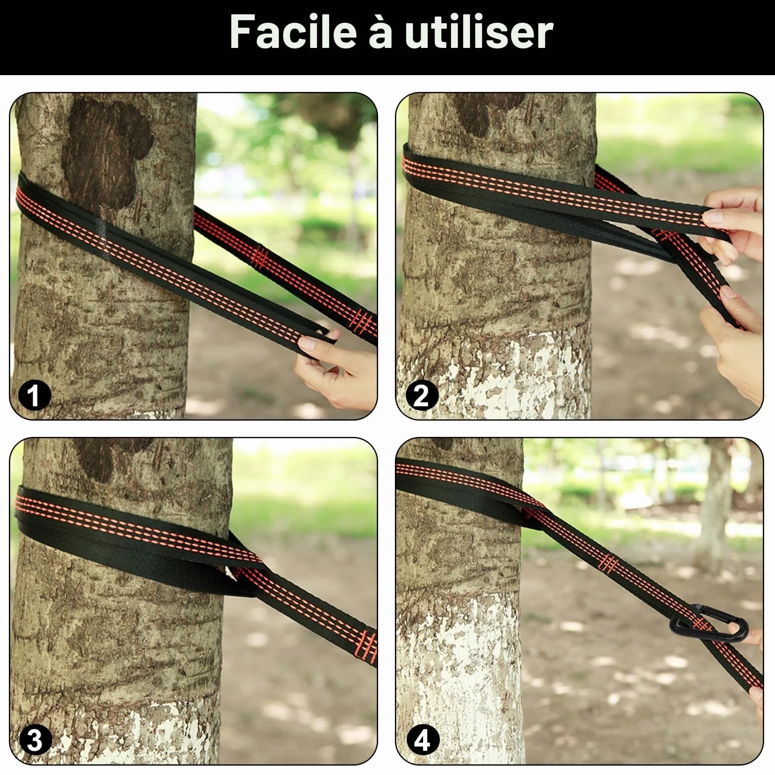 Sangle Hamac 2m x 2,5 cm Polyester Mousquetons Fixation Arbre 300kg Lot de 2