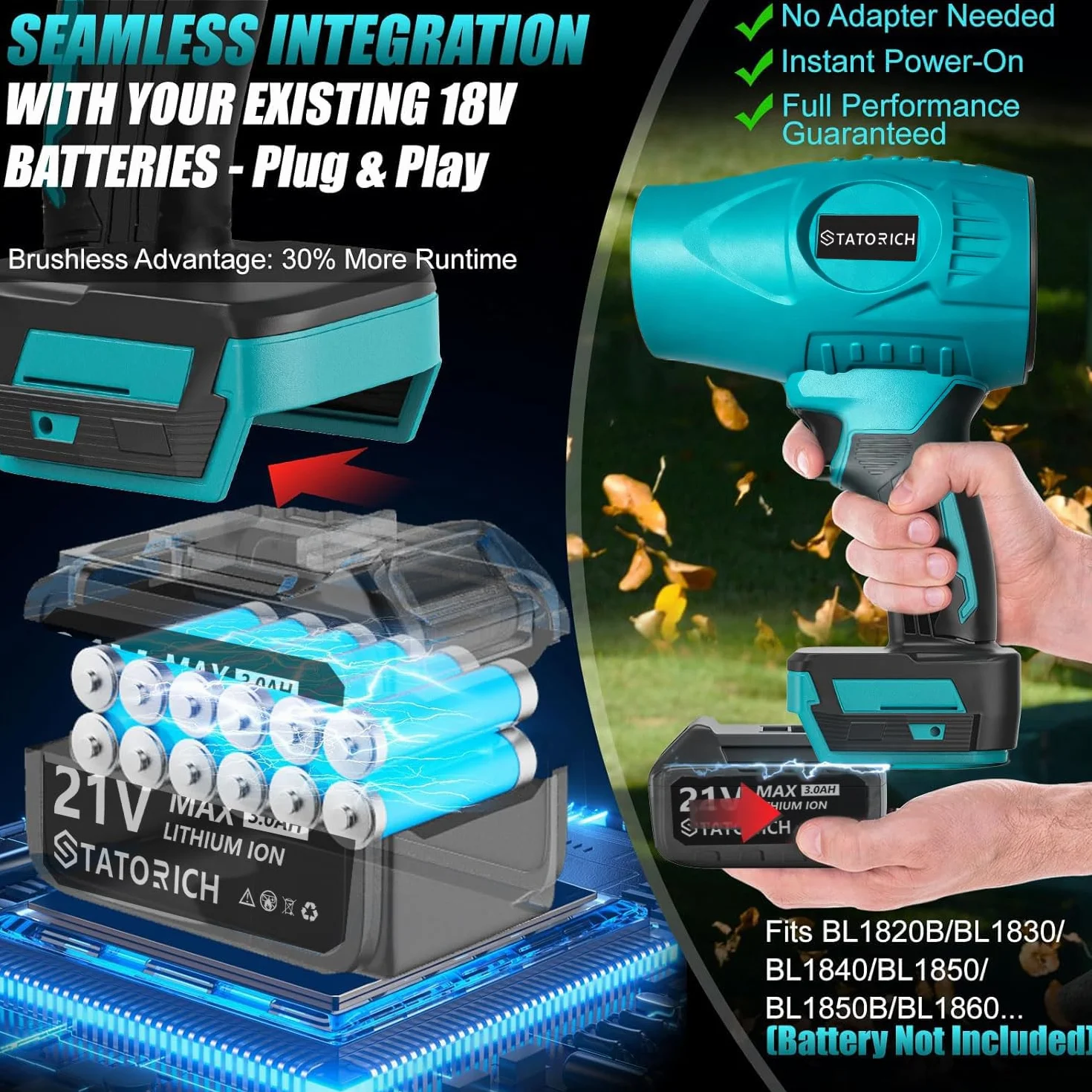 Souffleur de Feuilles sans Fil 500.000 TR/Min 60 m/s, Moteur Brushless, 2 Batteries 3.0 Ah, Portable