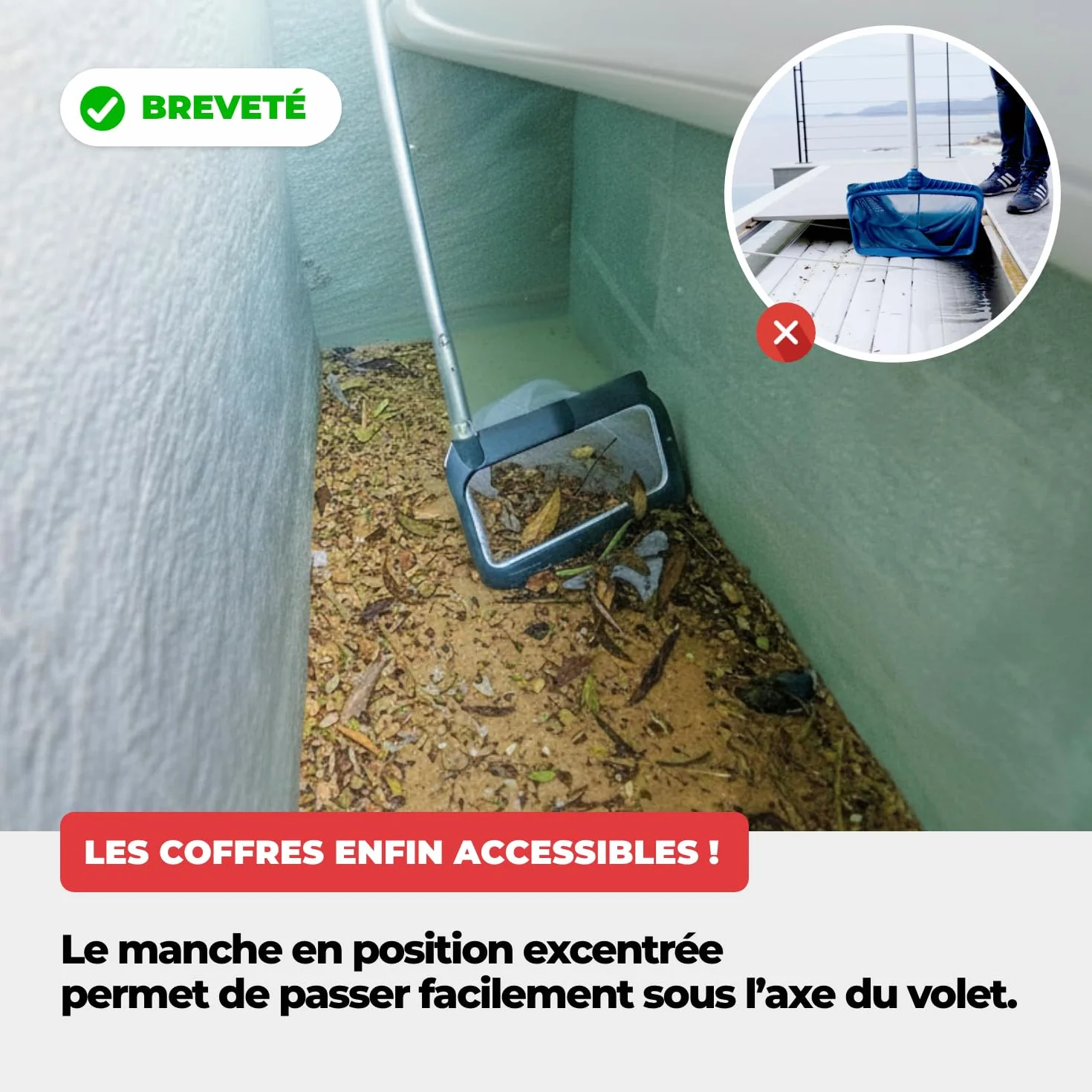 Épuisette Piscine Professionnelle 3-en-1 NODI Net+ Fond Surface Coffre Volet Immergé Résistance 32 kg Filet Remplaçable