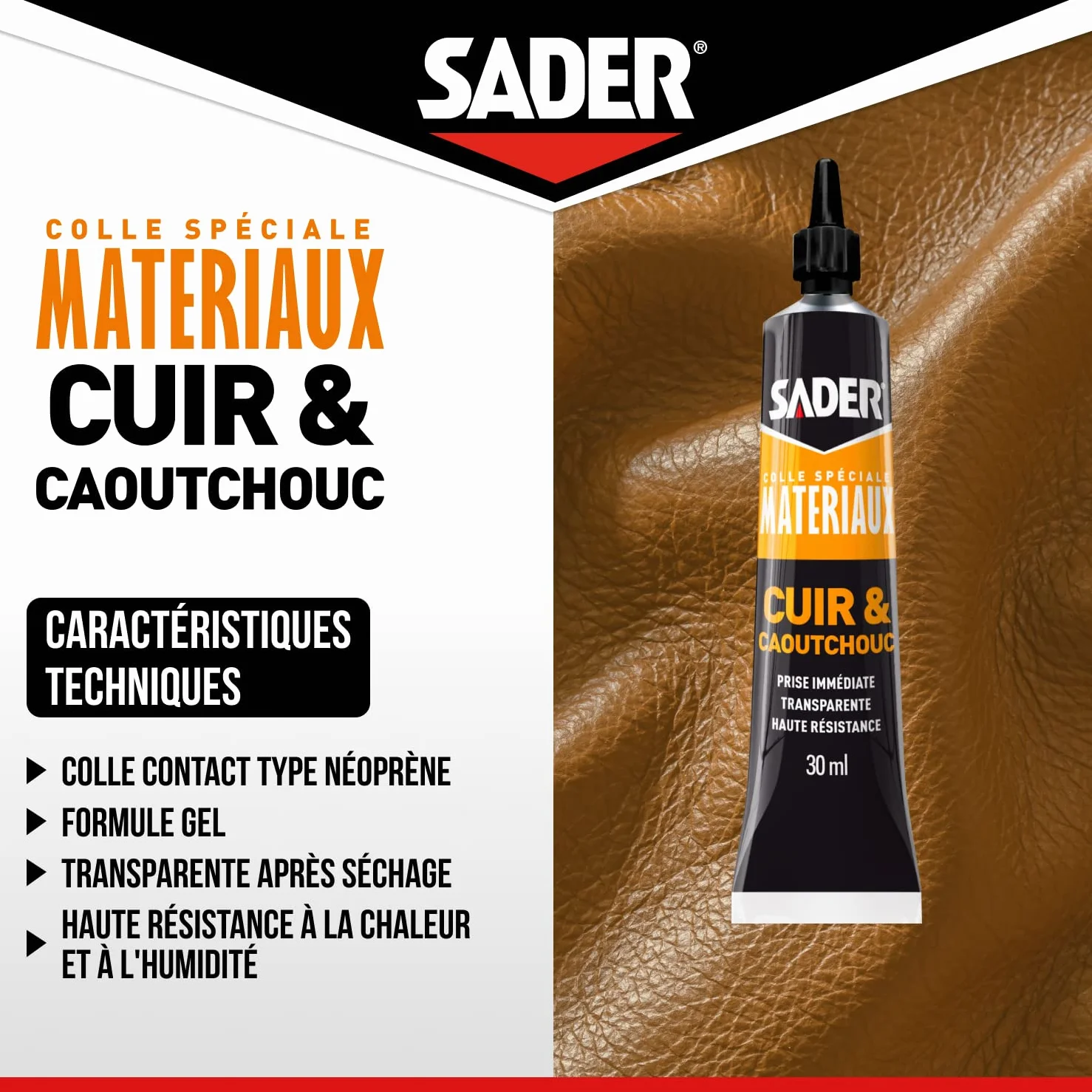 Sader Cuir et Caoutchouc – Colle Contact Type Néoprène – Prise Immédiate – Haute Résistance à l'Humidité et à la Chaleur – Formule Gel – Tube 30 ml