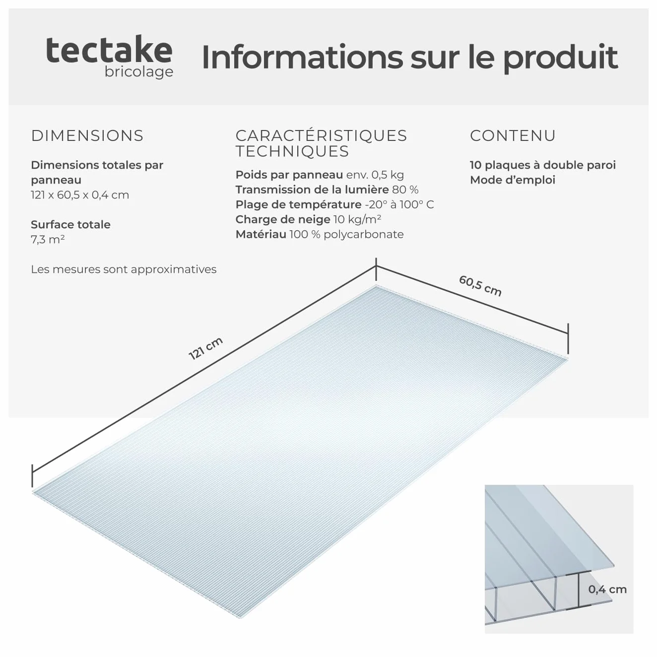 Panneaux alvéolaires Polycarbonate 4 mm 121x60,5 cm Antichoc UV Serre de jardin
