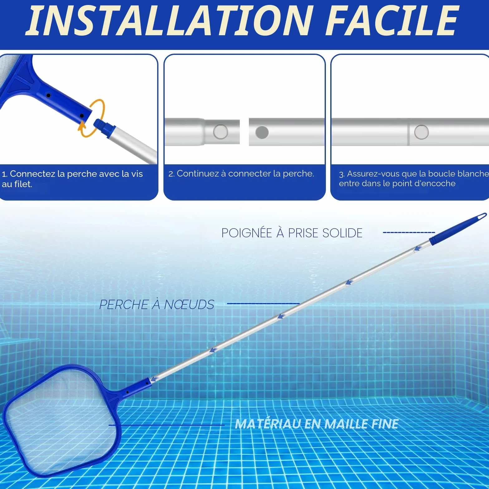 Épuisette de Surface pour Piscine avec Manche Télescopique Réglable 120CM