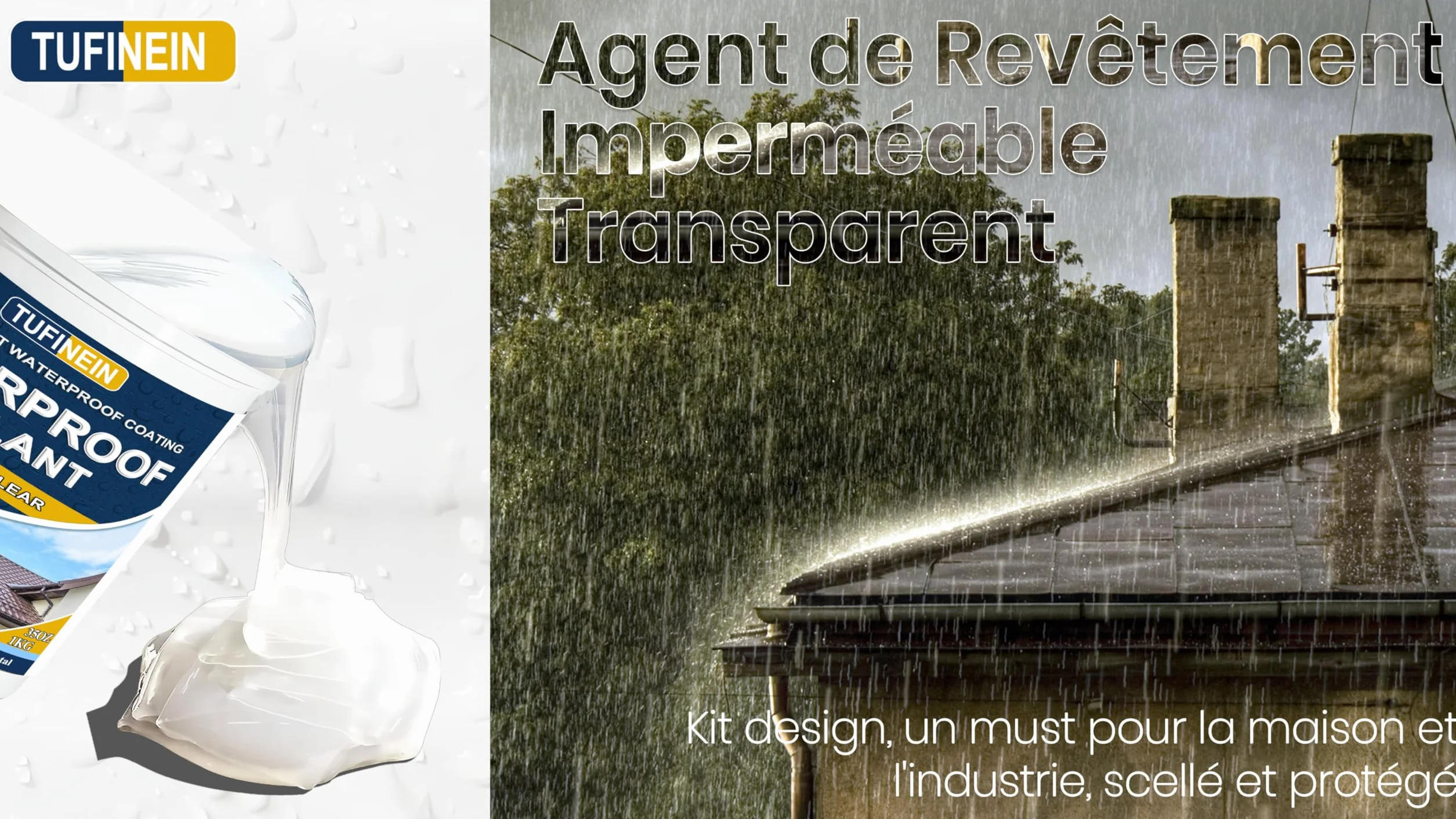 Liquide Étanchéité Transparent 1KG, TUFINEIN Agent de Revetement Impermeable Transparent Intérieure et Extérieure Membrane d'Étanchéité Waterstop Imperméable Transparente