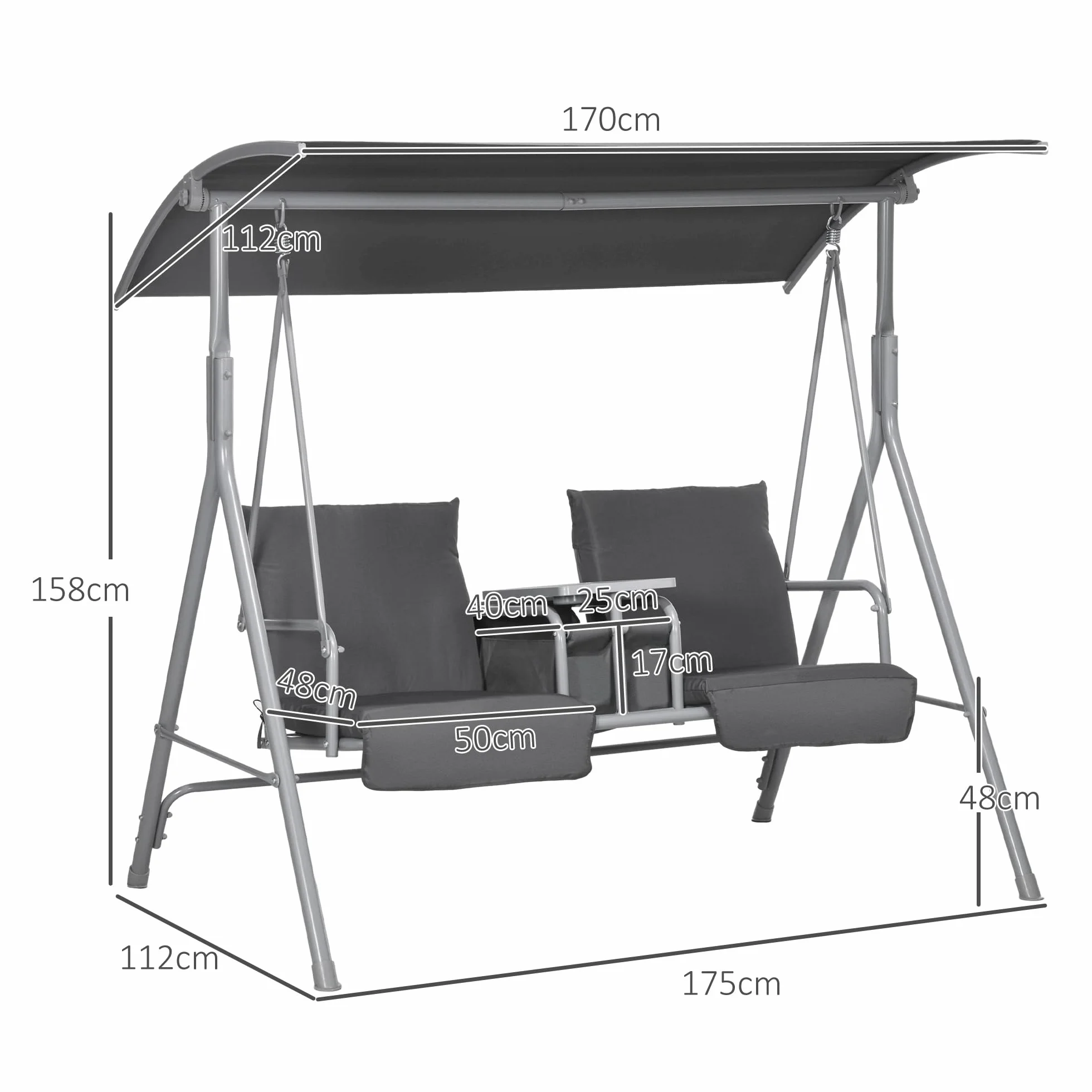 Outsunny Balancelle de Jardin 2 Places avec Auvent Inclinable Tablette Centrale 175x112x158 cm Gris