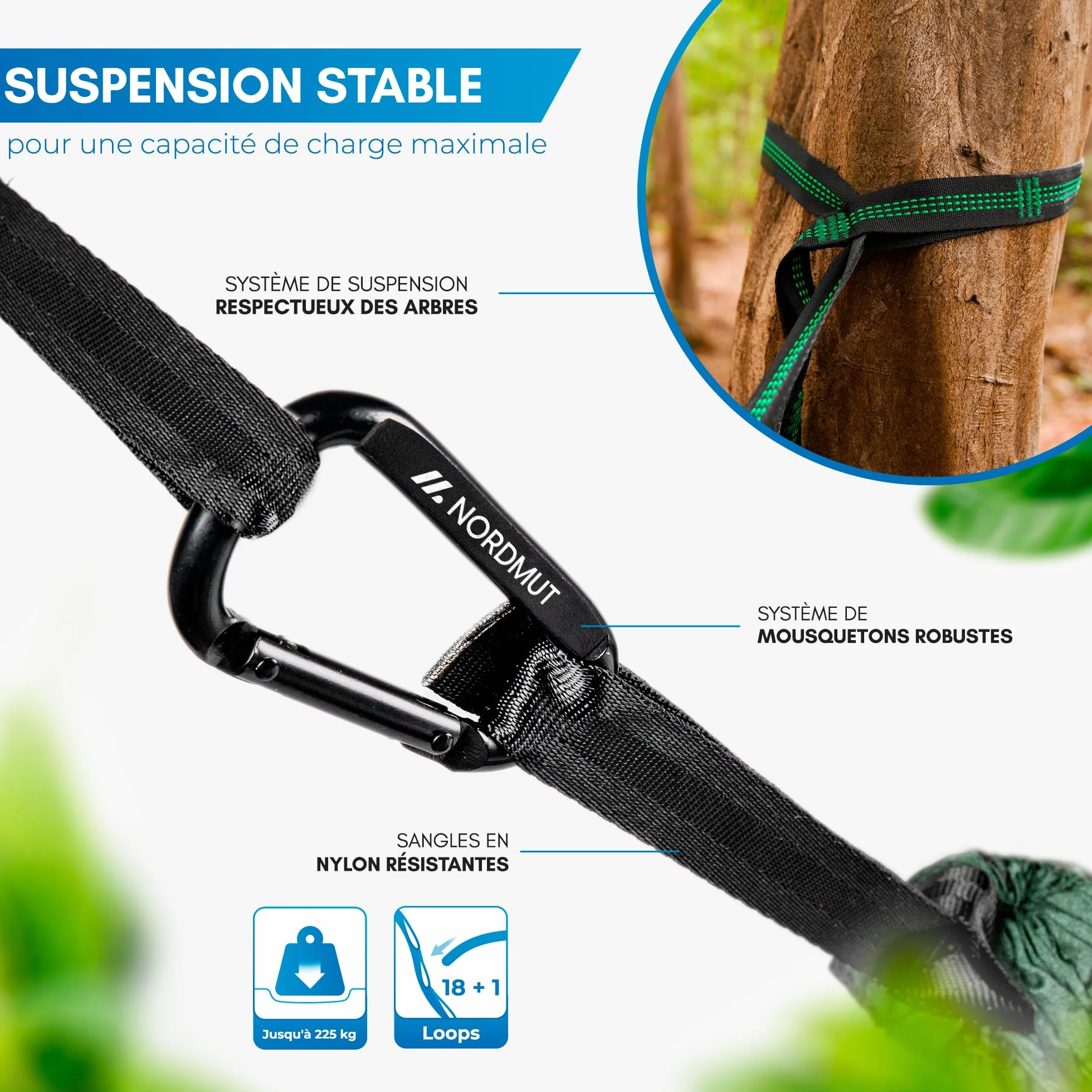 NORDMUT Hamac Ultra Léger Outdoor avec Kit de Fixation – Hamac de Camping avec Protection des Arbres 300 kg Vert 140 x 275 cm