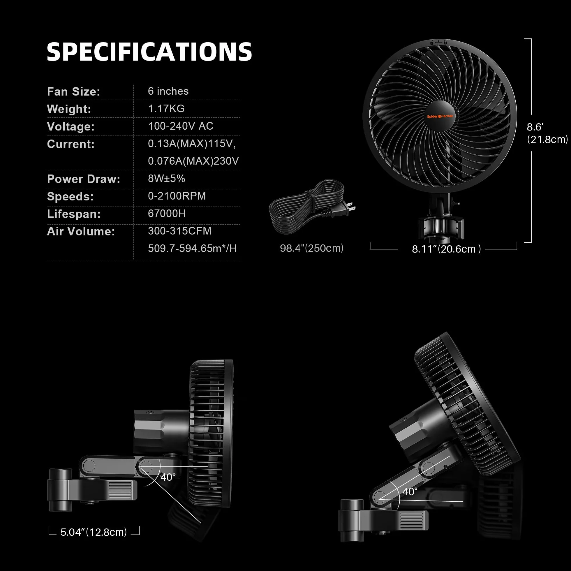 Spider Farmer Ventilateur Clipable 8W 10 Vitesses Contrôle par App Moteur EC IP54 Oscillant pour Tente de Culture