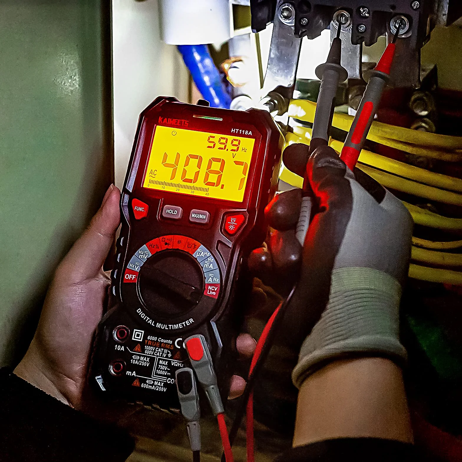 KAIWEETS Multimètre Automatique Numérique, TRMS 6000 Comptes (Guide de Bornes LED), Ampèremètre, Testeur Electrique Professionnel, Température Capacimètre Tension/Courant CA/CC Résistance/Fréquence
