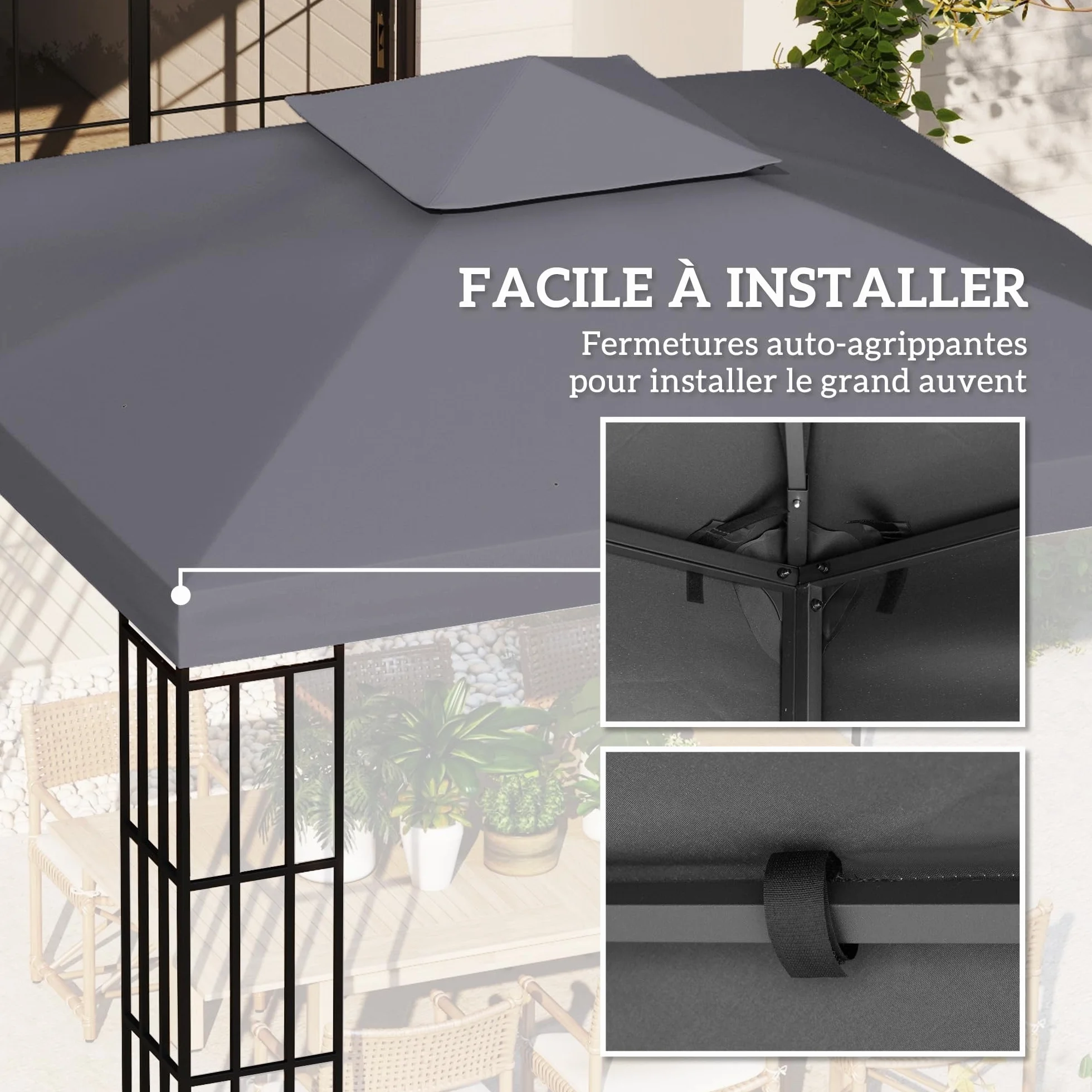 Outsunny Toit de Remplacement pour Pavillon de Jardin 3 x 3 m Gris
