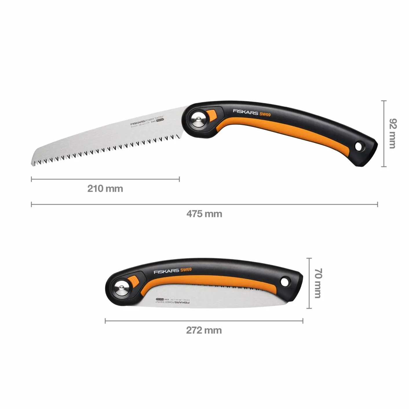 Fiskars Plus Scie Pliaple, pour Troncs et Branches épais, 3 positions de Coupe, Lame Power Tooth tranchante, Denture grossière, Longueur de la lame : 21 cm, Noir/Orange, SW69, 1067553