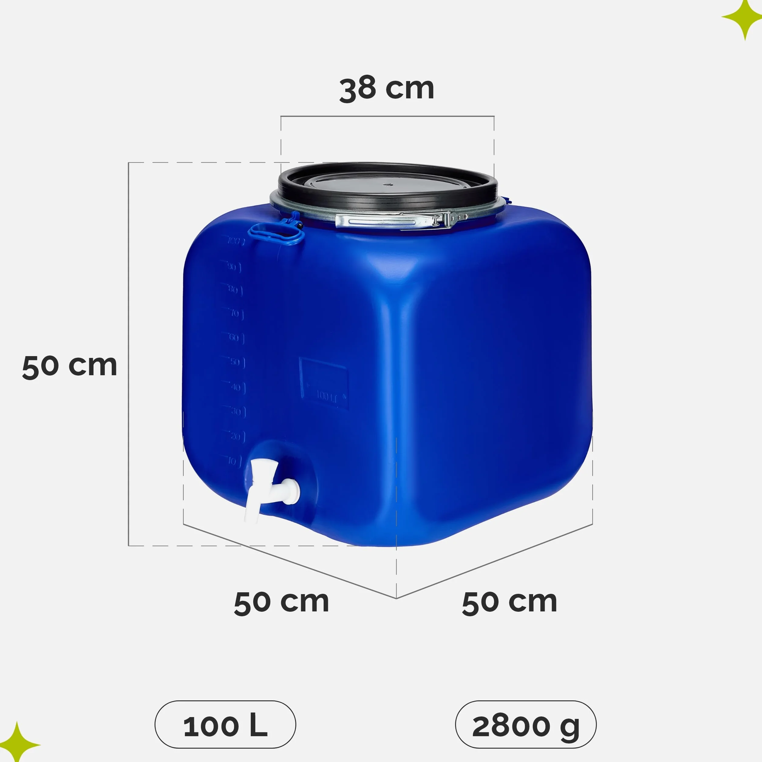 Garronda Récupérateur d'eau de Pluie Carré 100 litres sans BPA avec Robinet et Couvercle Bleu