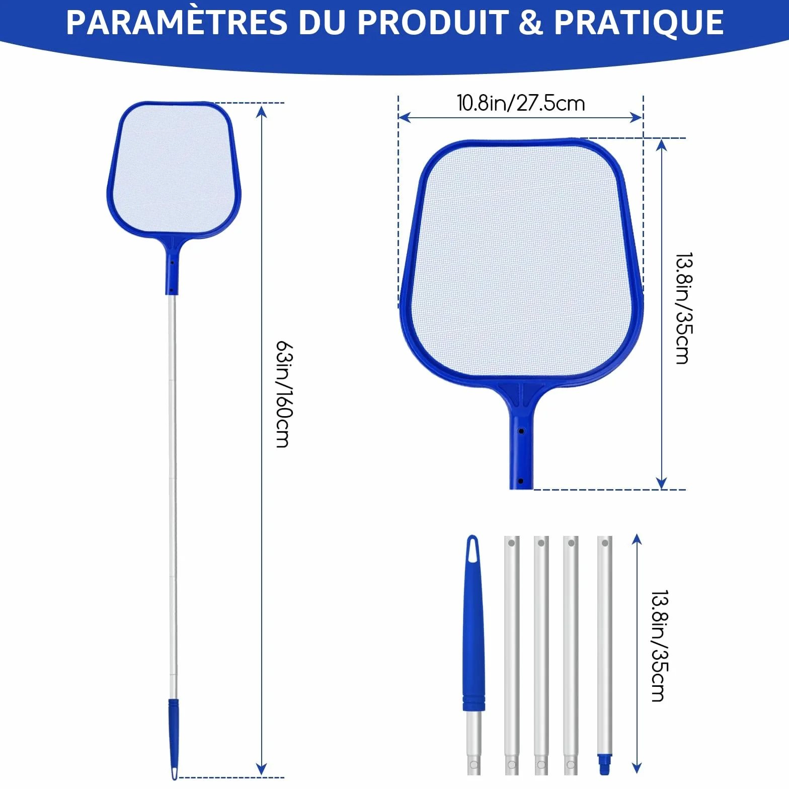 Épuisette de Surface pour Piscine avec Manche Télescopique Réglable 120CM