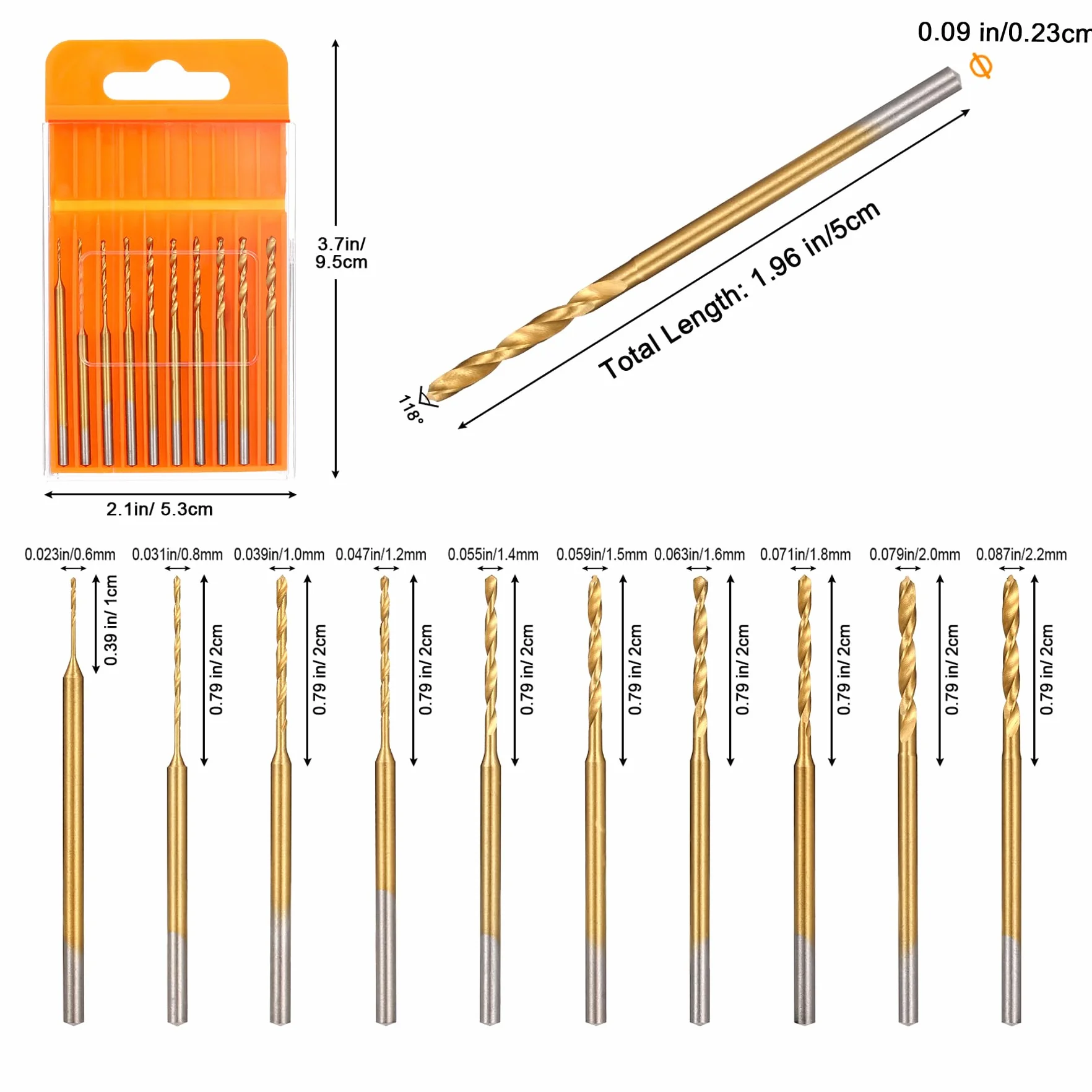 HSS Mini Forets Hélicoïdaux 10Pcs 0.6mm-2.2mm Tige 2.35mm Revêtue Titane Gravure Perçage DIY Résine Bijoux