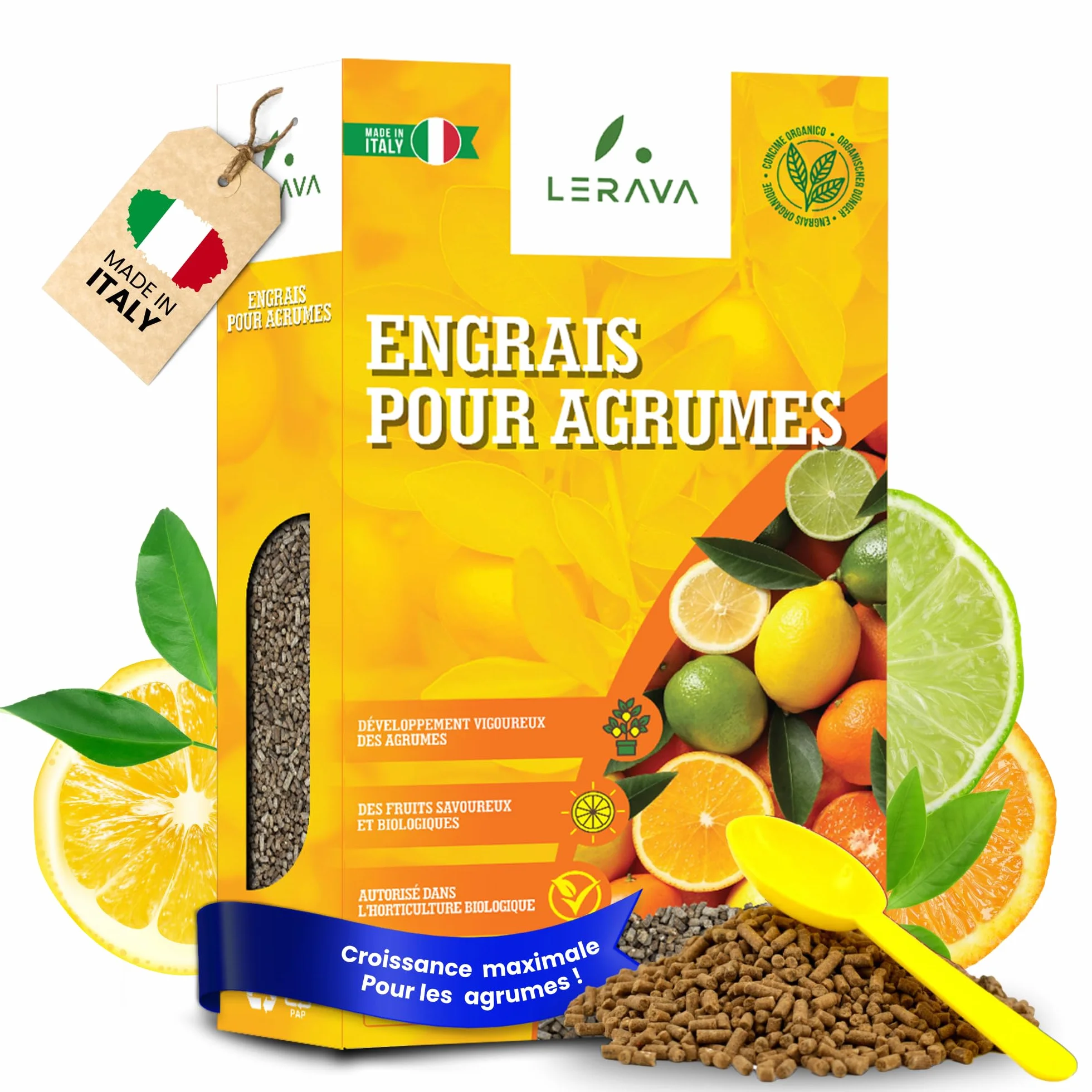 LERAVA Engrais Bio Agrumes 800g - Nutrition Naturelle Citronnier Pot - Croissance Vigoureuse Saveur Intense - Bouchon Distributeur - 100% Made in Italy