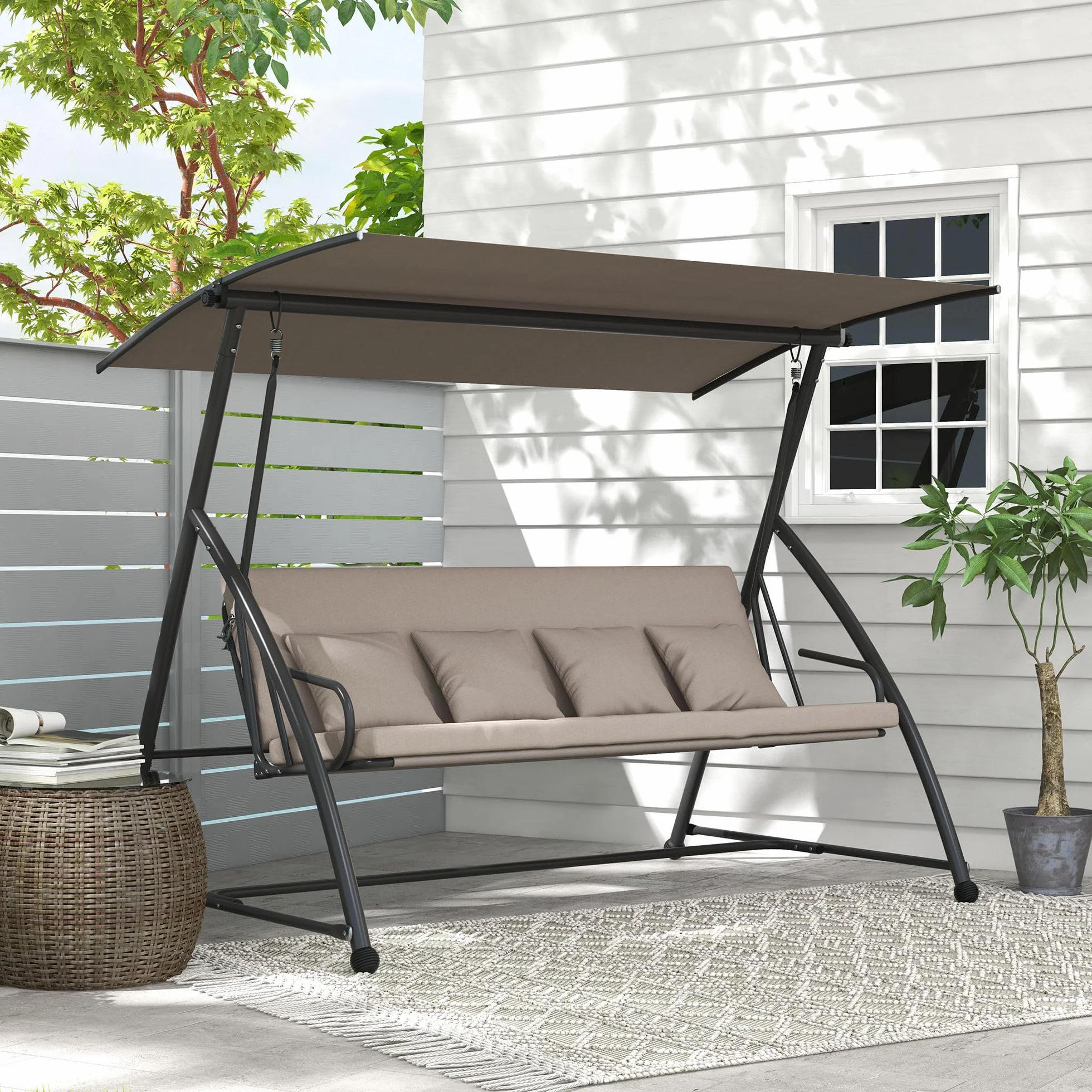 Outsunny Balancelle de Jardin 3 Places Convertible Toit Inclinaison Réglable 218x120x168 cm Marron Clair