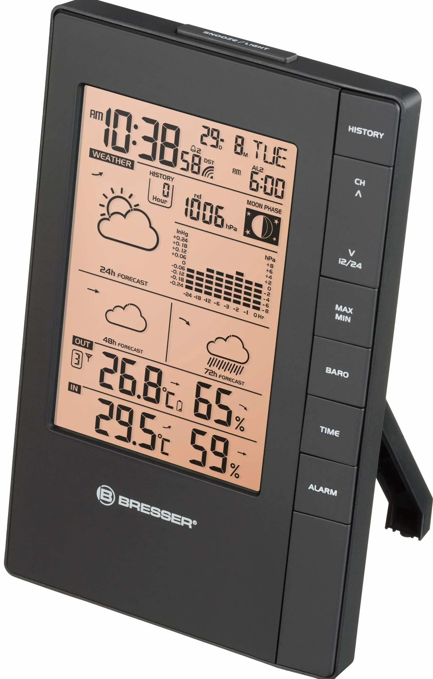 Bresser Station météo sans fil TemeoTrend FSX capteur extérieur prévisions 3 jours alerte gel pression atmosphérique humidité température réveil