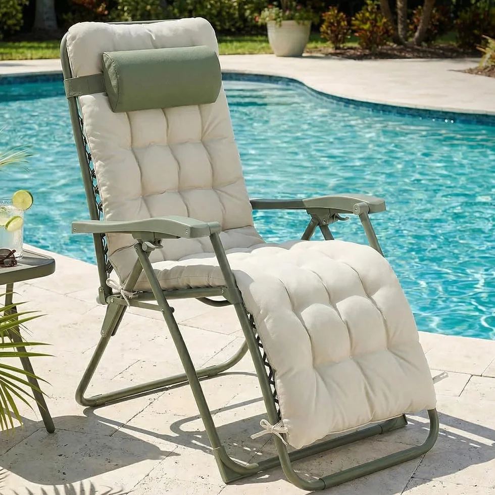 CASABEL Chaise Pliante Zéro Gravité Fauteuil Extérieur Inclinable Acier Anti-Rouille Toile Textilene Vert Sauge Coussin
