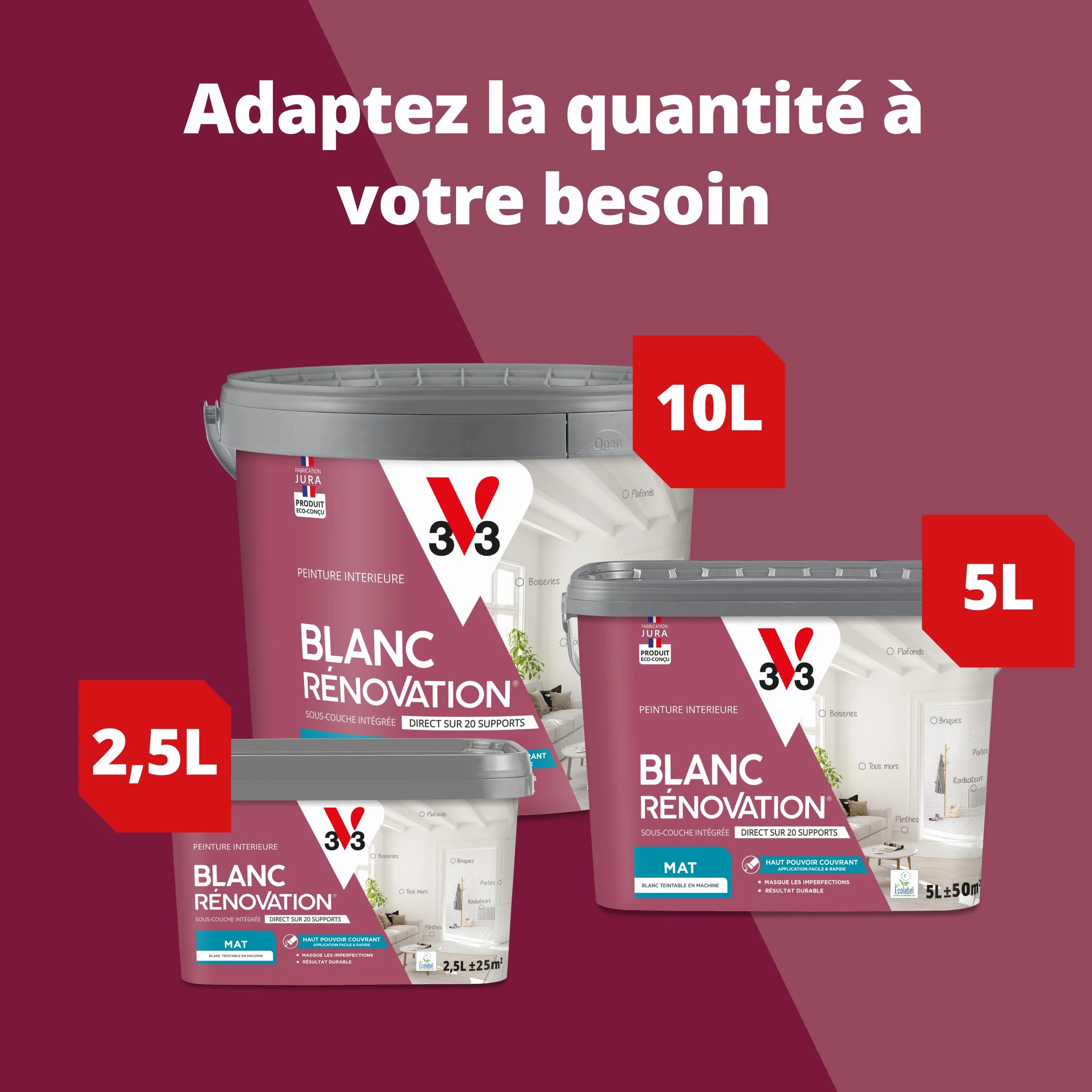 V33 Peinture blanche mur et plafond mat - multi-supports - monocouche - BLANC RENOVATION®, 5L