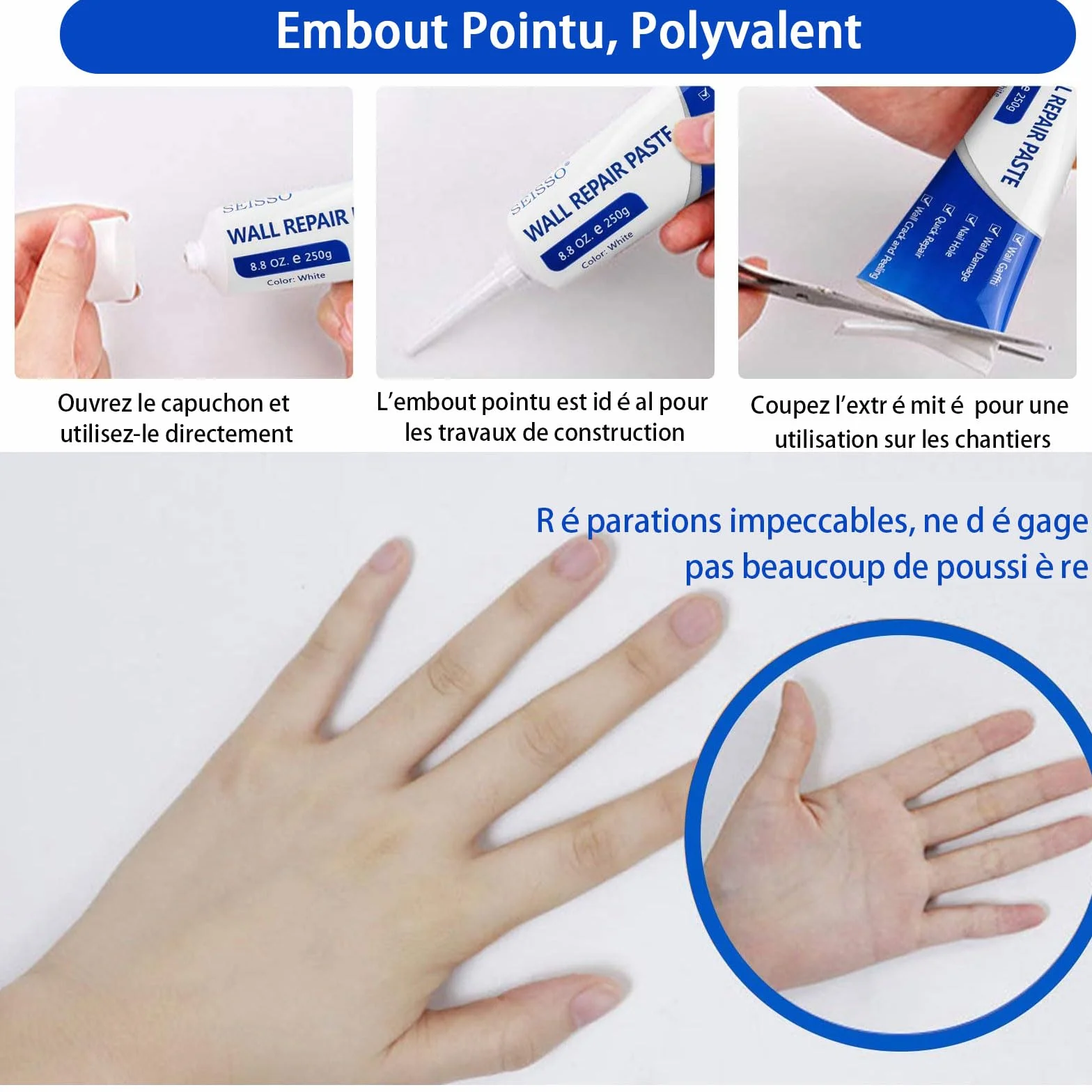 SEISSO 500g Crème de Réparation Murale,enduit de rebouchage,enduit de rebouchage prêt à l'emploi,Répare Efficacement les Rayures, Trous, Fissures, Graffitis Sur les Murs