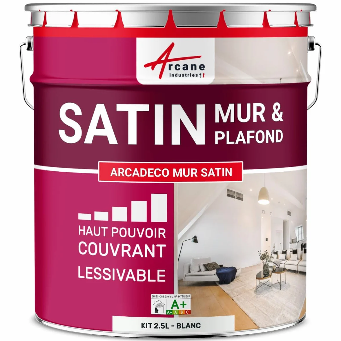ARCANE INDUSTRIES Peinture Murale Interieur | Peinture Mur et Plafond satinée | Blanche ou teintée : Arcadéco Mur Satin - 2.5 L Blanc