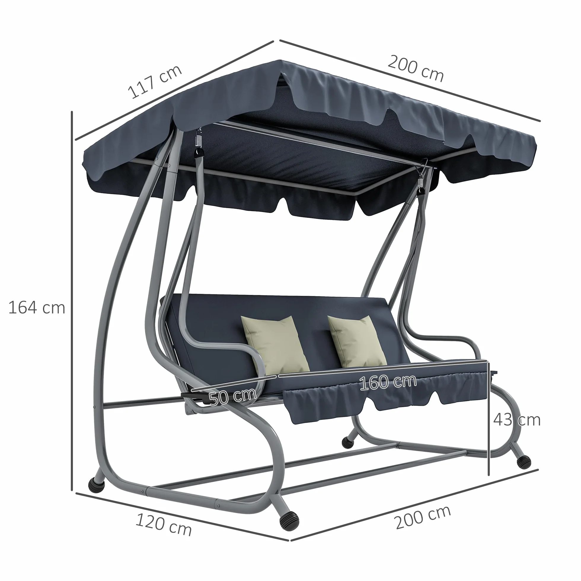 Outsunny Balancelle de Jardin 3 Places Convertible Toit Inclinaison réglable métal Noir Gris