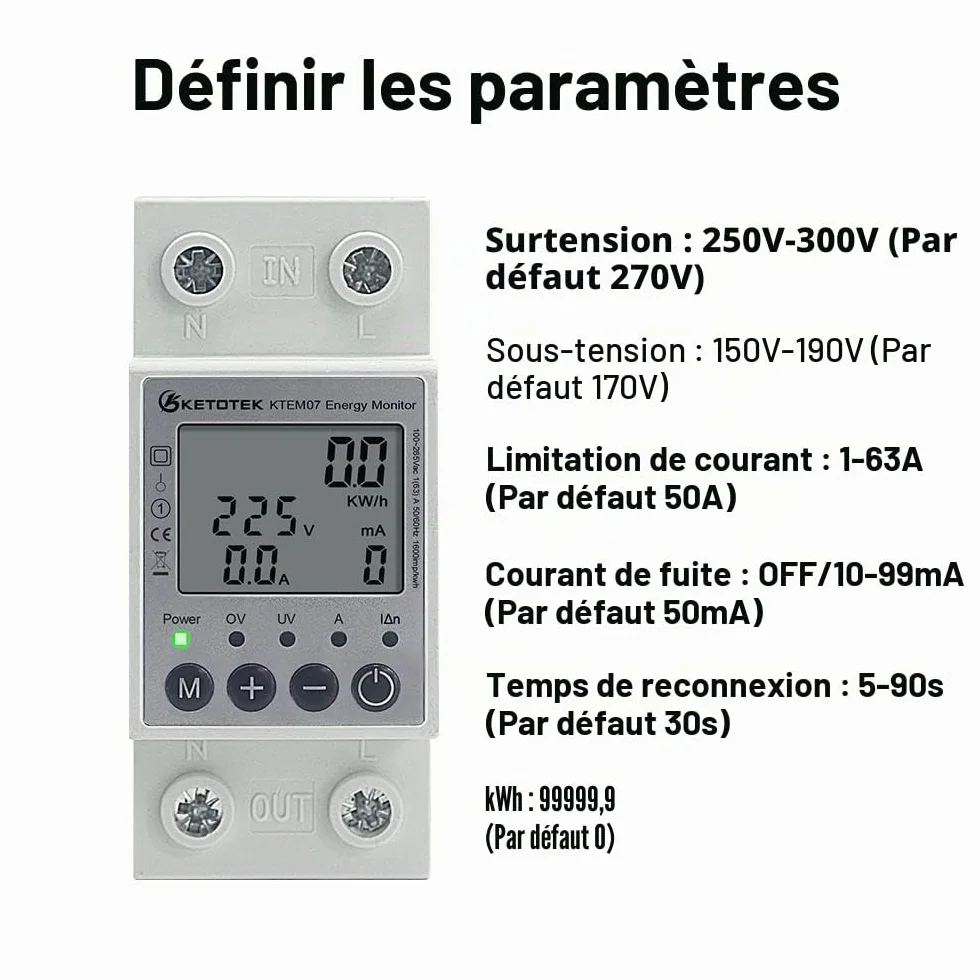 KETOTEK Compteur électrique Monophasé AC 63A 220V Compteur D'énergie Numérique Rail DIN Mesure Consommation Electrique 1 Phasé KWh Voltmètre Ampèremètre