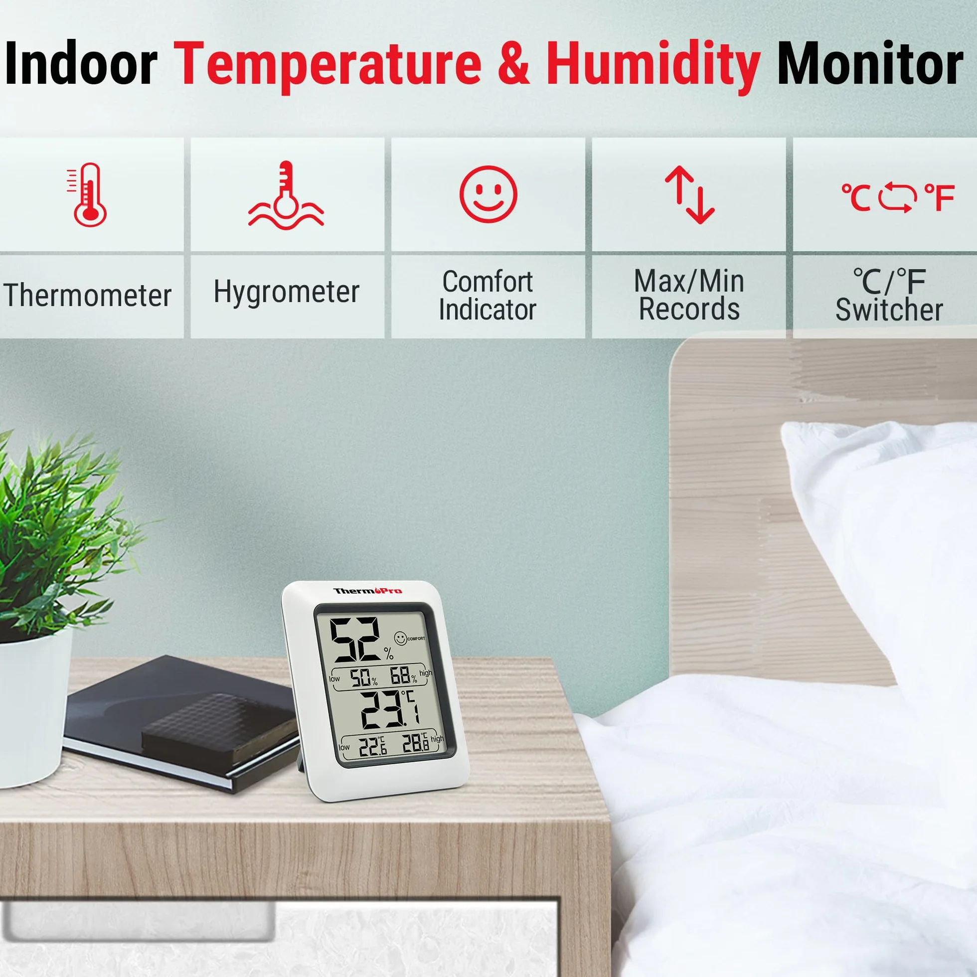 ThermoPro TP50 Thermomètre-hygromètre numérique d'intérieur avec indicateur d'humidité et de confort climatique